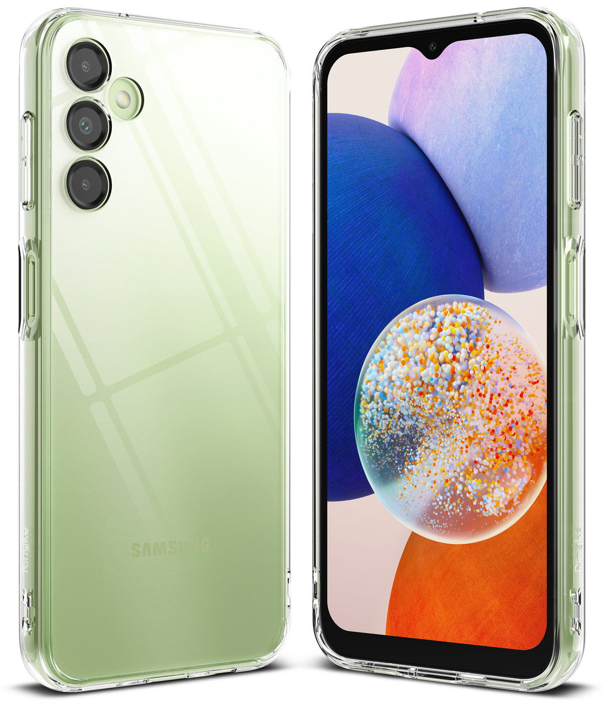 Galaxy A14 Case | Fusion - Clear protective case on a light green Samsung Galaxy A14 showing front and back views.