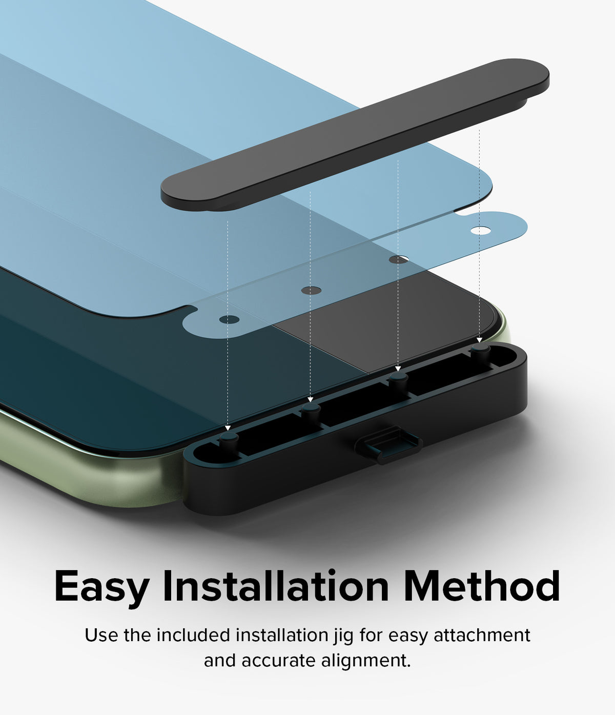 Galaxy A24 4G(LTE) Screen Protector | Full Cover Glass (2 Pack) - Galaxy A24 4G(LTE) Screen Protector - Installation jig aligning a glass screen protector onto a smartphone screen.