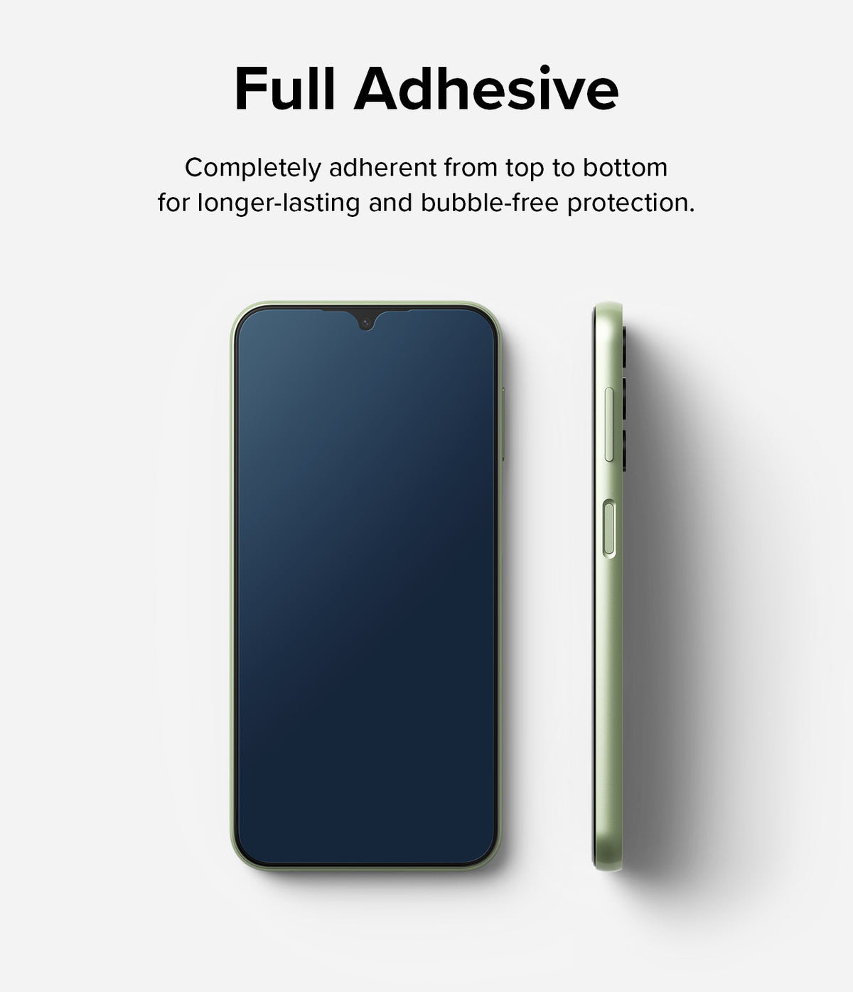 Galaxy A24 4G(LTE) Screen Protector | Full Cover Glass (2 Pack) - Galaxy A24 4G(LTE) Screen Protector - Front and side views of a light green smartphone with full adhesive screen protection.