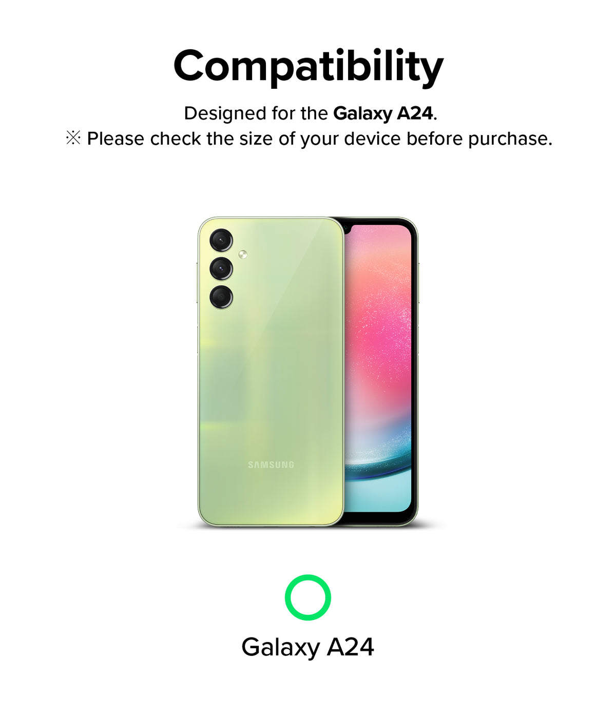 Galaxy A24 4G(LTE) Screen Protector | Full Cover Glass (2 Pack) - Galaxy A24 4G(LTE) Screen Protector - Compatibility graphic showing a light green Galaxy A24 phone and text confirming model fit.