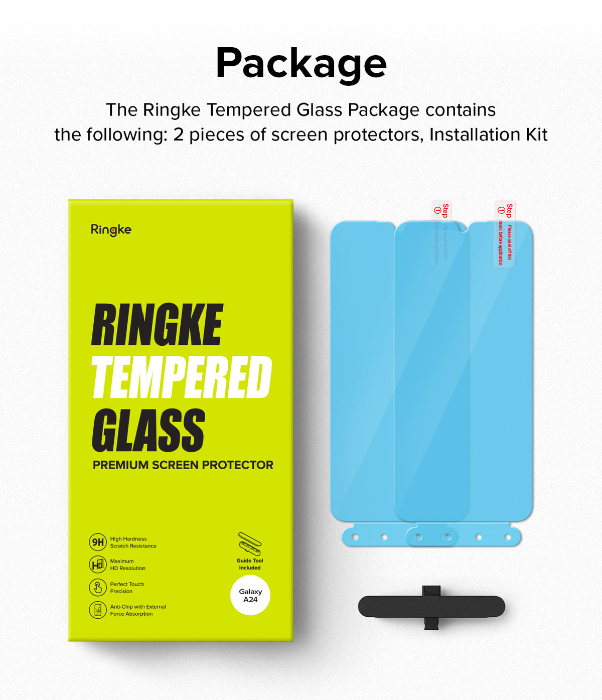 Galaxy A24 4G(LTE) Screen Protector | Full Cover Glass (2 Pack) - Galaxy A24 4G(LTE) Screen Protector - Ringke tempered glass package with two screen protectors and installation tool.