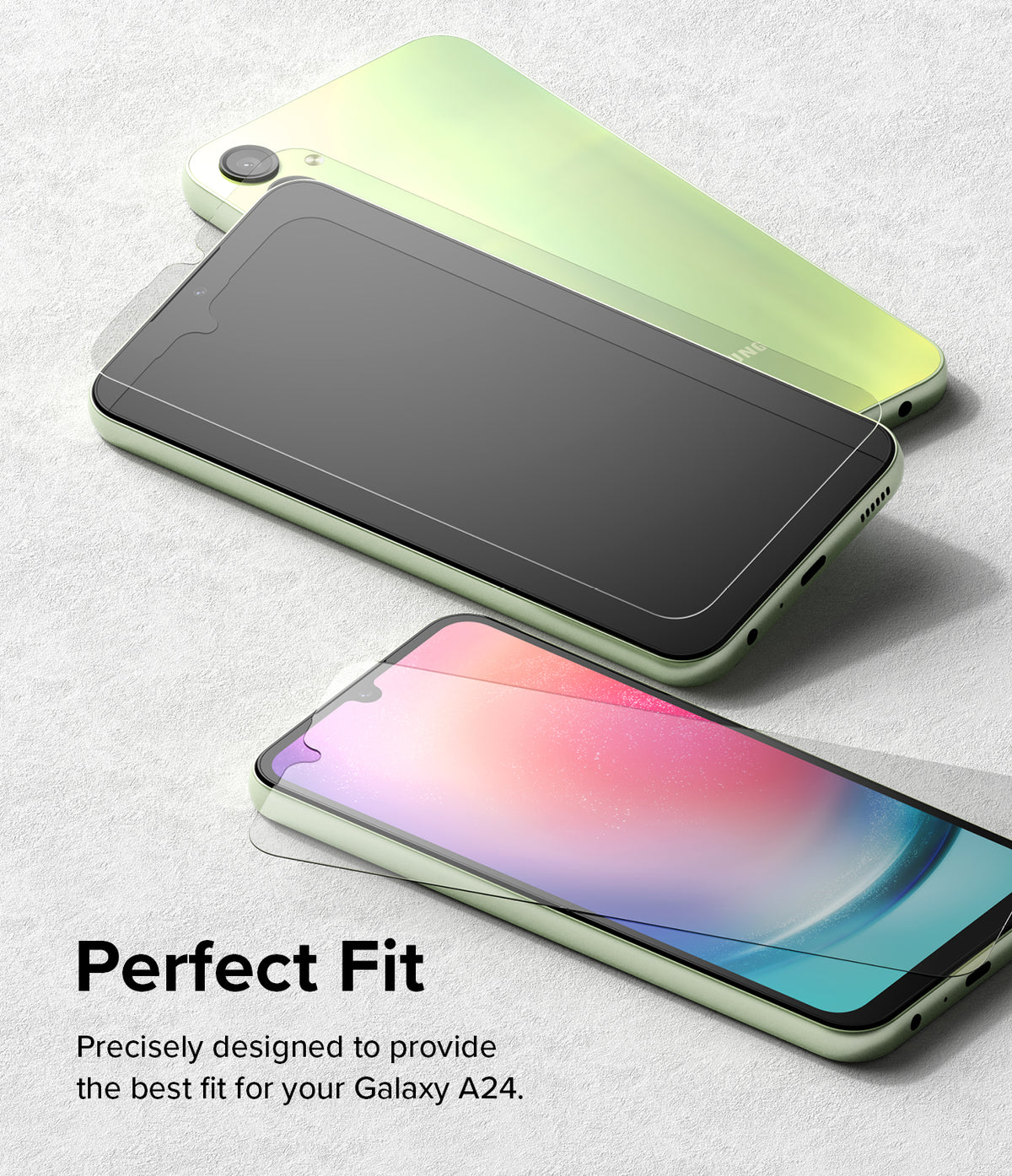 Galaxy A24 4G(LTE) Screen Protector | Full Cover Glass (2 Pack) - Galaxy A24 4G(LTE) Screen Protector - Two light green smartphones with glass screen protectors applied on a white surface.
