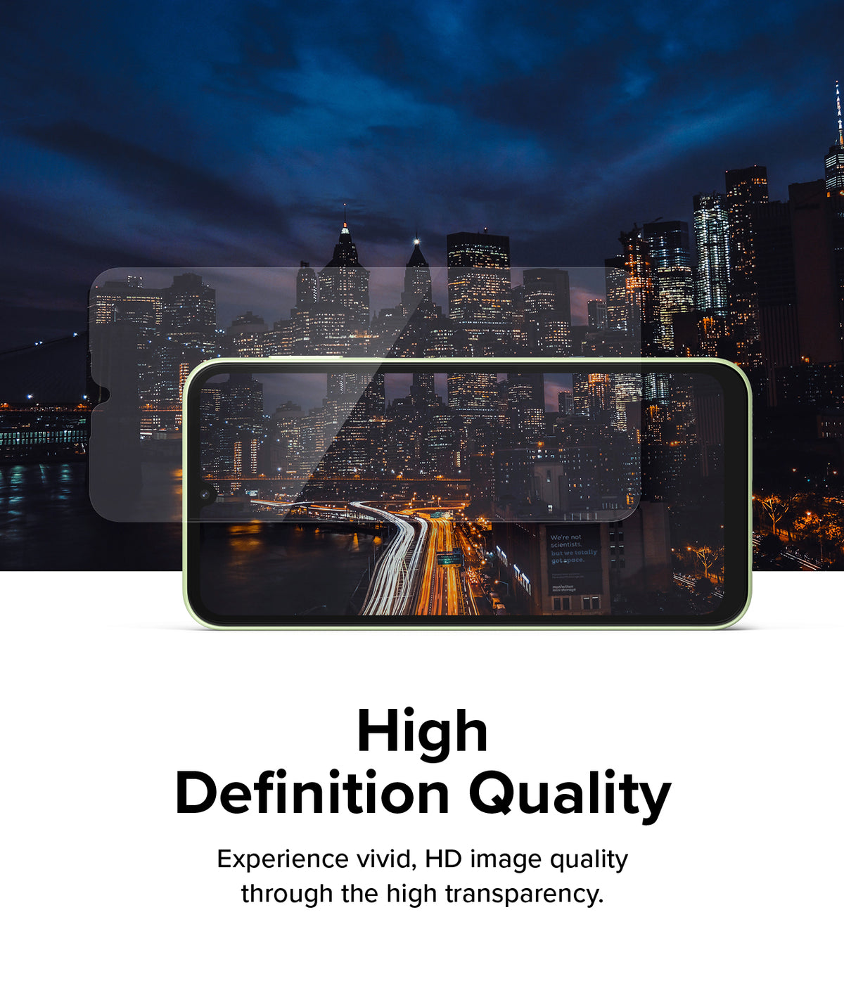 Galaxy A24 4G(LTE) Screen Protector | Full Cover Glass (2 Pack) - Galaxy A24 4G(LTE) Screen Protector - Transparent glass screen protector hovering over a smartphone displaying a city skyline.