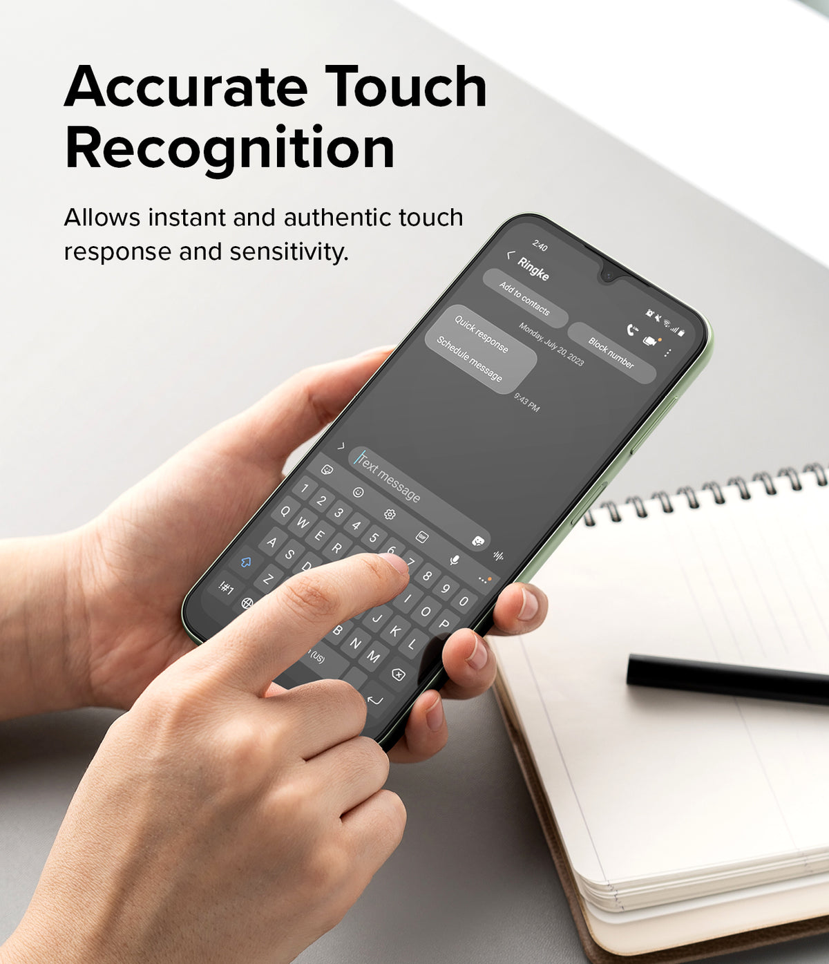 Galaxy A24 4G(LTE) Screen Protector | Full Cover Glass (2 Pack) - Galaxy A24 4G(LTE) Screen Protector - Hand typing on a Galaxy A24 smartphone screen with a protective glass cover.