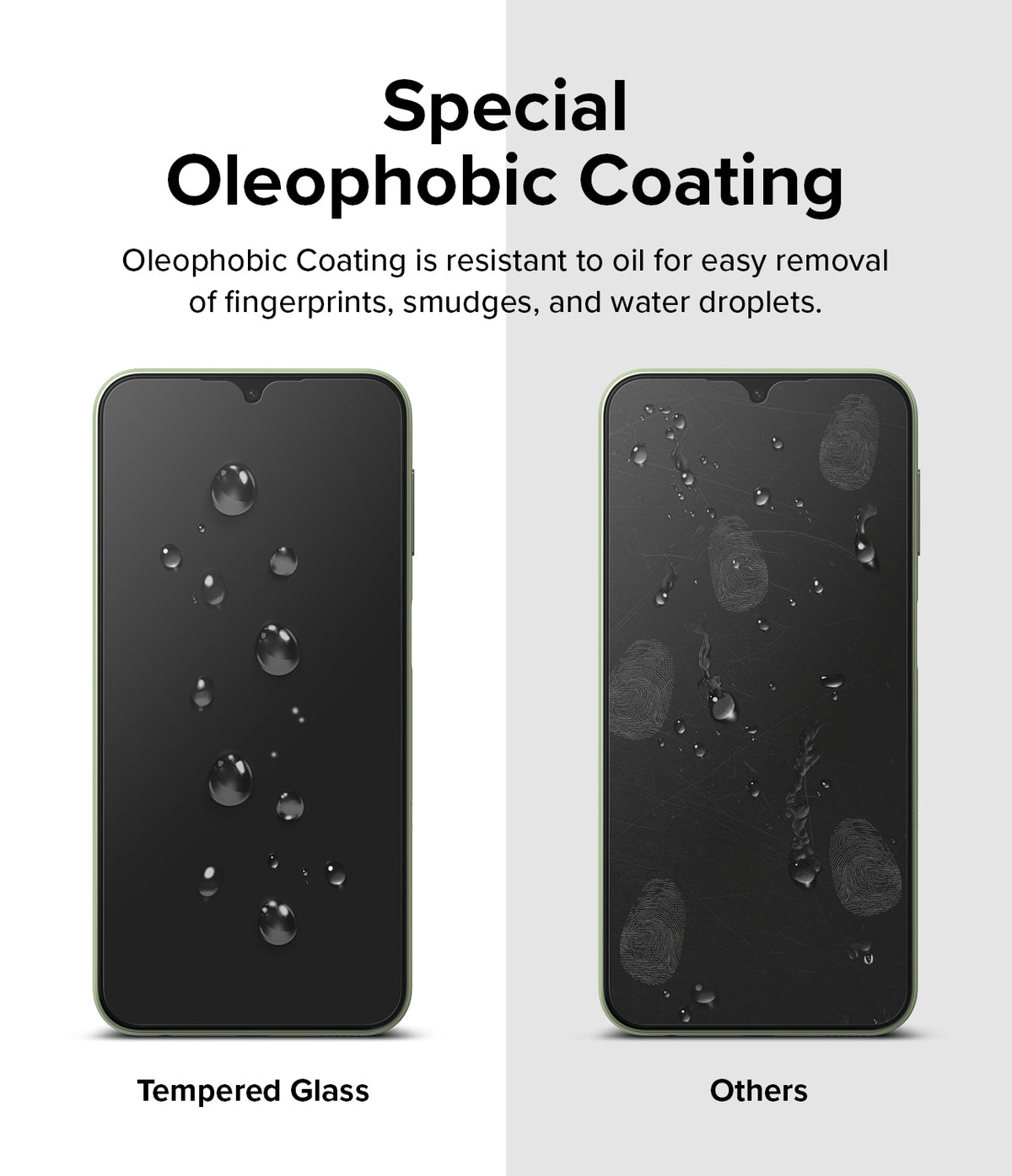 Galaxy A24 4G(LTE) Screen Protector | Full Cover Glass (2 Pack) - Galaxy A24 4G(LTE) Screen Protector - Comparison of clean tempered glass with water beads versus smudged standard glass.