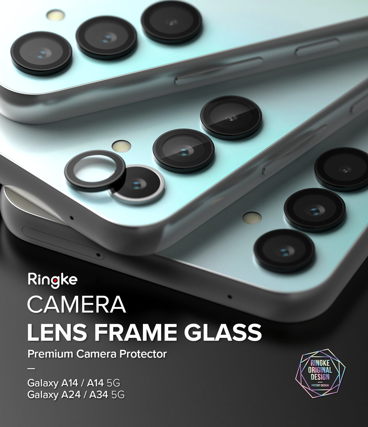 Galaxy A14/A24/A34 Camera Lens Protector | Camera Lens Frame Glass - Galaxy A14/A24/A34 Camera Lens Protector - Black lens frame glass protectors applied to light blue smartphone cameras.