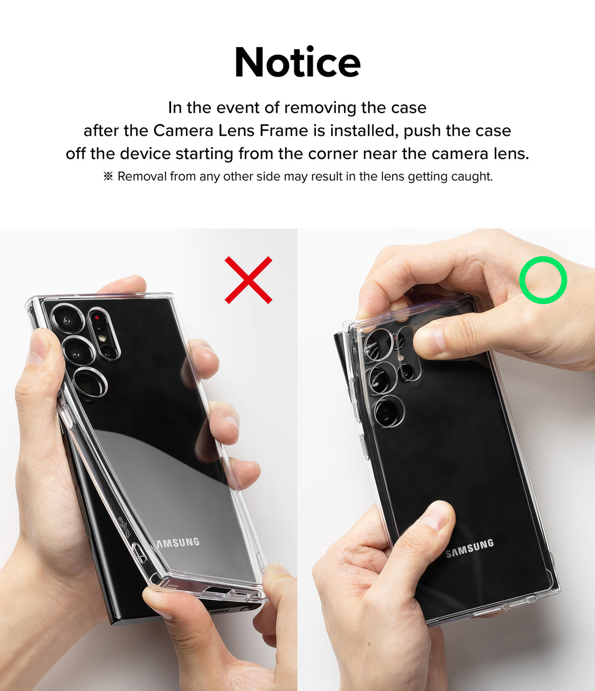 Galaxy A14/A24/A34 Camera Lens Protector | Camera Lens Frame Glass - Galaxy A14/A24/A34 Camera Lens Protector - Instructions showing correct and incorrect ways to remove a phone case.