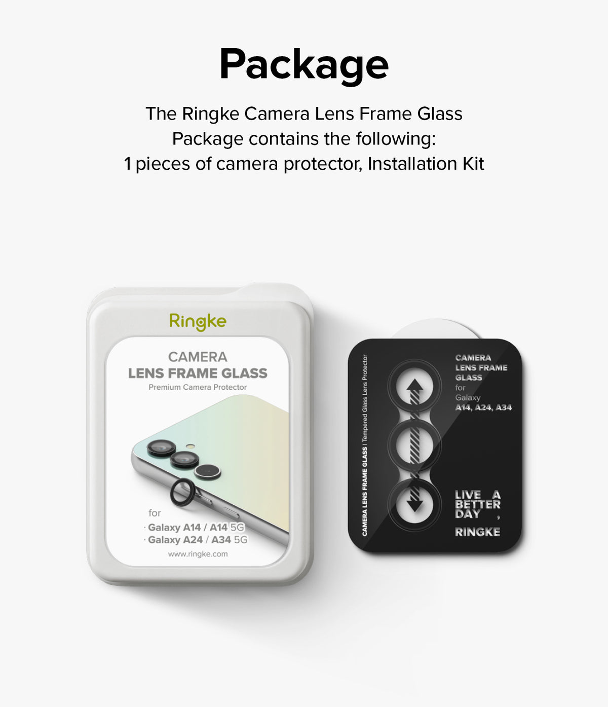 Galaxy A14/A24/A34 Camera Lens Protector | Camera Lens Frame Glass - Galaxy A14/A24/A34 Camera Lens Protector - Ringke camera lens protector packaging and installation kit for Samsung phones.