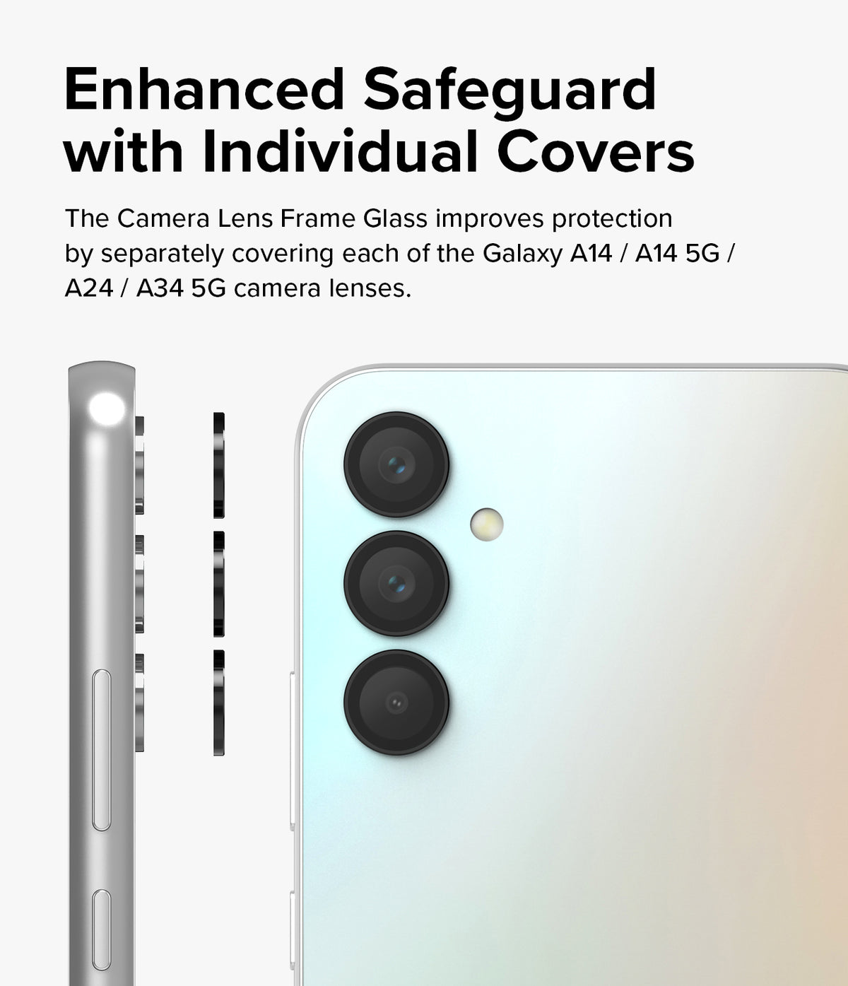 Galaxy A14/A24/A34 Camera Lens Protector | Camera Lens Frame Glass - Galaxy A14/A24/A34 Camera Lens Protector - Three individual black lens covers aligning with a smartphone camera array.