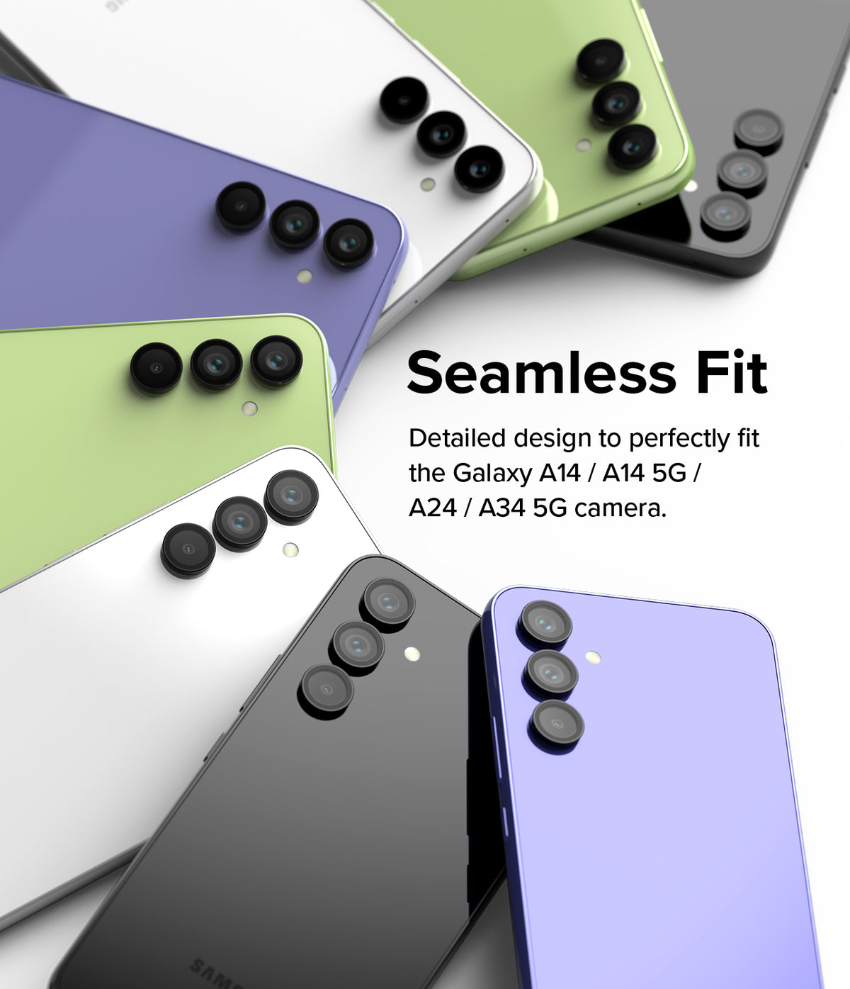 Galaxy A14/A24/A34 Camera Lens Protector | Camera Lens Frame Glass - Galaxy A14/A24/A34 Camera Lens Protector - Multiple colorful Samsung Galaxy phones with black camera lens protectors.