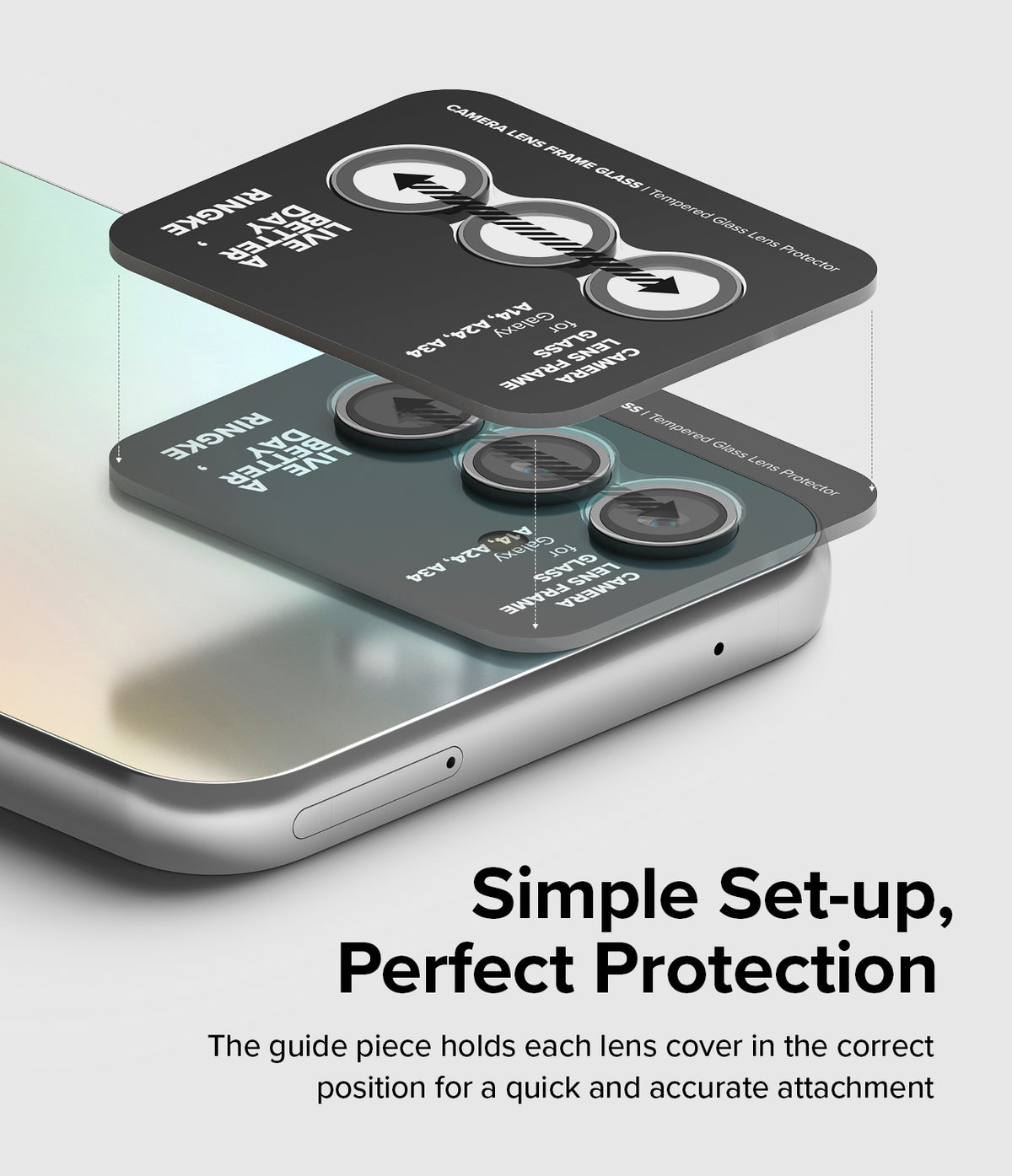 Galaxy A14/A24/A34 Camera Lens Protector | Camera Lens Frame Glass - Galaxy A14/A24/A34 Camera Lens Protector - A guide frame aligning three circular glass lens covers onto a phone camera.