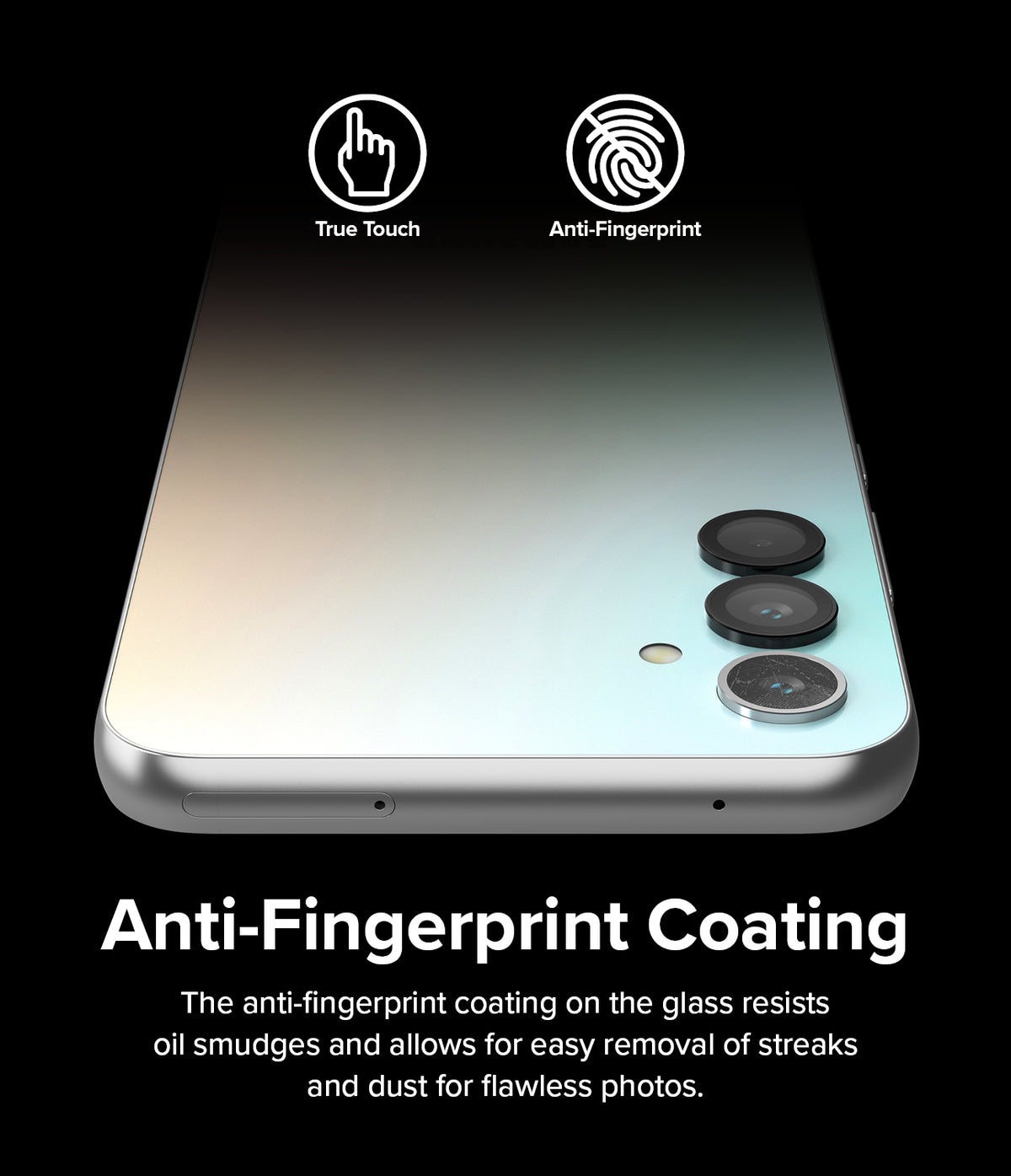 Galaxy A14/A24/A34 Camera Lens Protector | Camera Lens Frame Glass - Galaxy A14/A24/A34 Camera Lens Protector - Smartphone with lens protectors showing True Touch and Anti-Fingerprint icons.