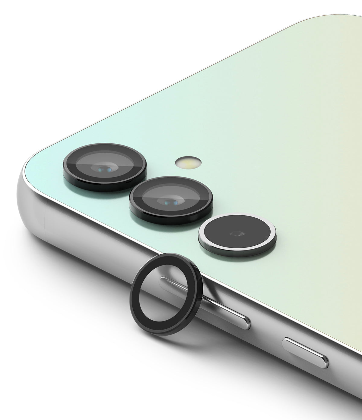 Galaxy A14/A24/A34 Camera Lens Protector | Camera Lens Frame Glass - Galaxy A14/A24/A34 Camera Lens Protector - Three black lens covers installed on a phone with one loose ring in front.