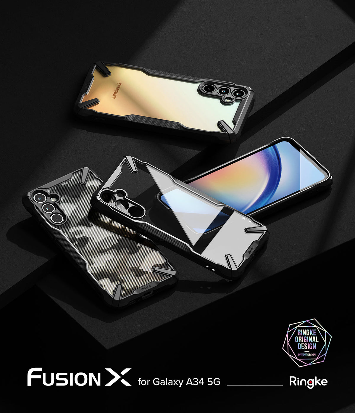 Galaxy A34 Case | Fusion-X - Three Galaxy A34 phones in black Fusion-X cases with clear, camo, and gold back designs.