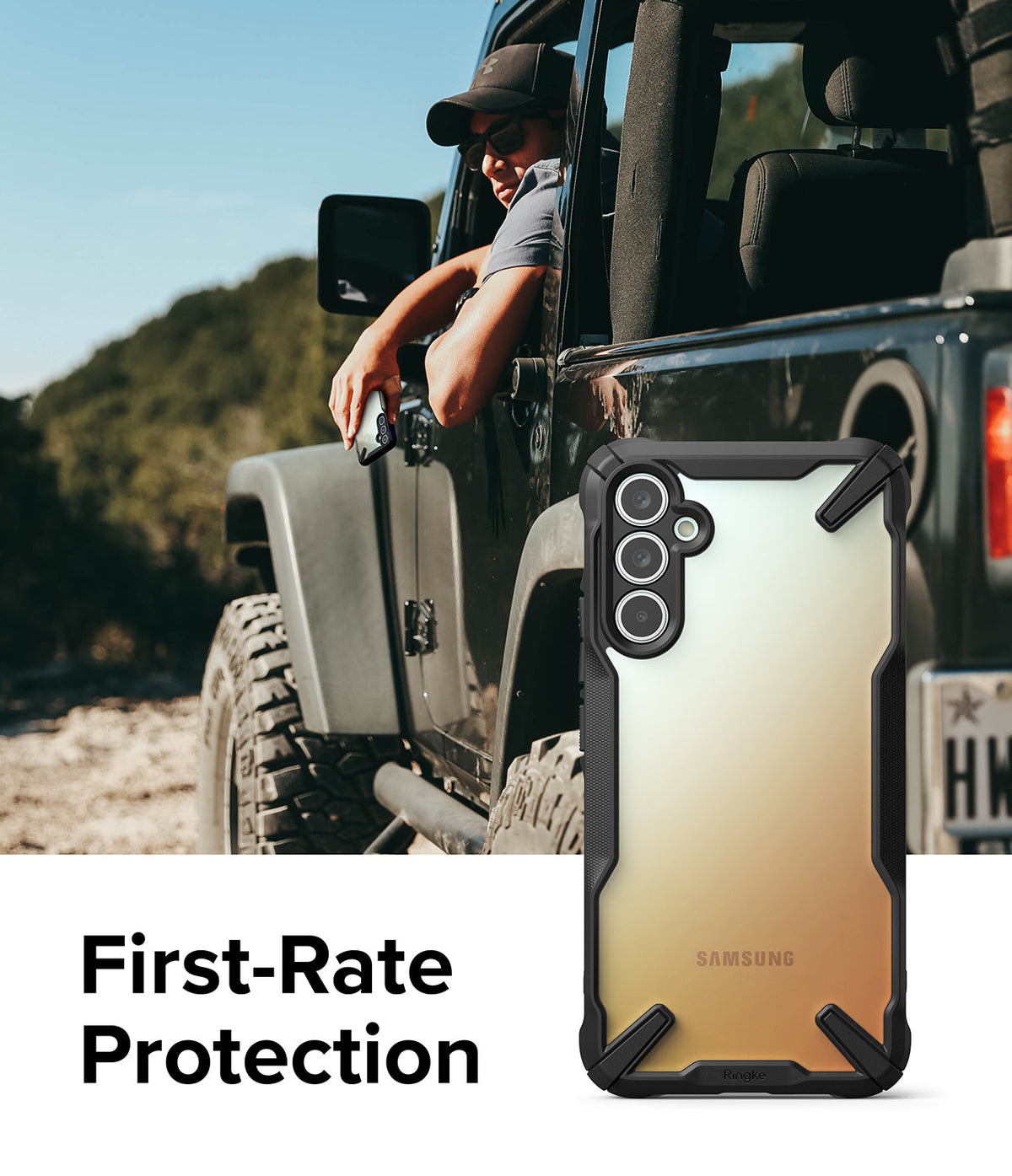 Galaxy A34 Case | Fusion-X - A rugged black phone case with a gradient back, shown next to a person in an off-road vehicle.