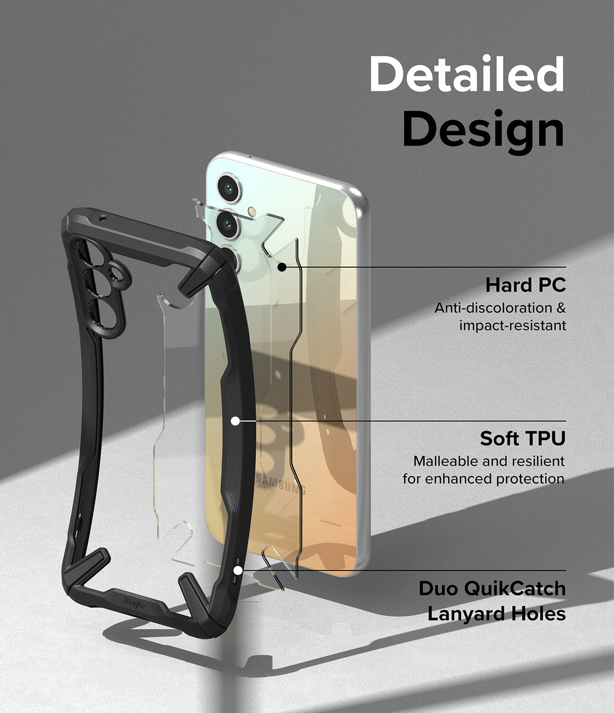 Galaxy A34 Case | Fusion-X - Exploded view of phone case showing hard PC back, soft TPU frame, and lanyard holes.