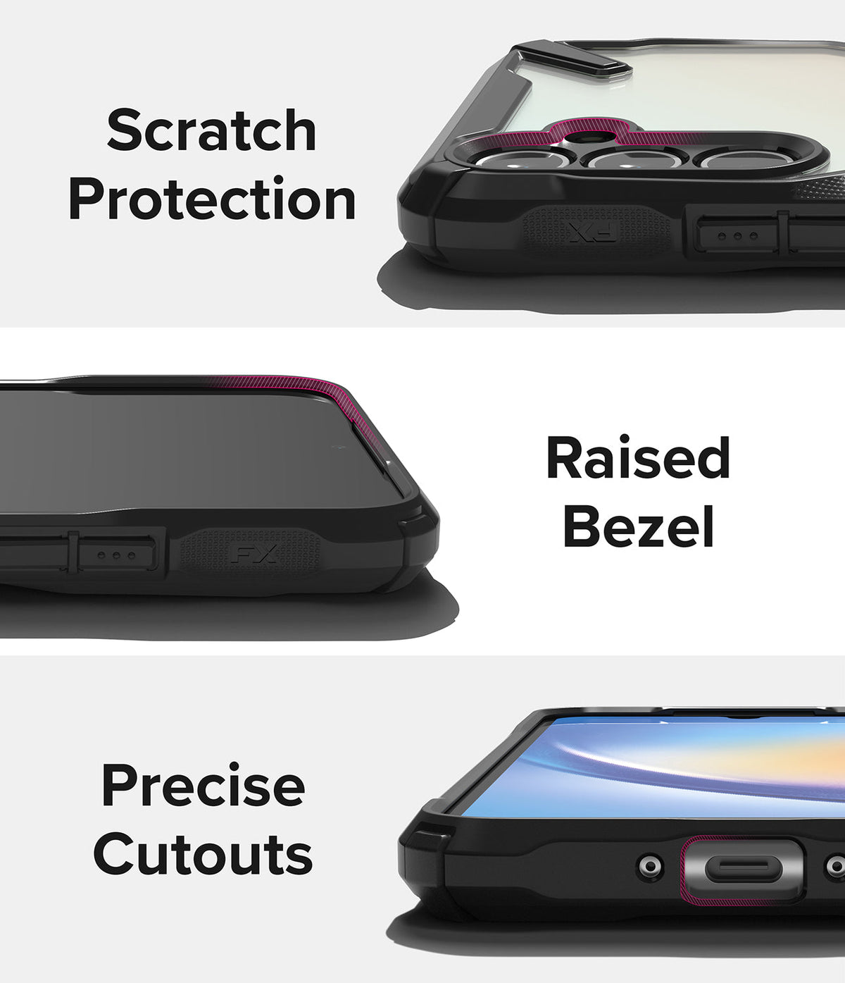 Galaxy A34 Case | Fusion-X - Close-ups showing scratch protection, raised screen bezels, and precise port cutouts on a black case.