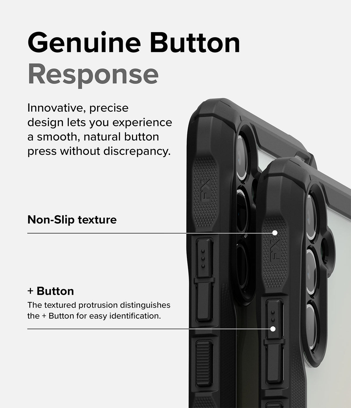 Galaxy A34 Case | Fusion-X - Close-up of phone case buttons highlighting non-slip texture and tactile button design.