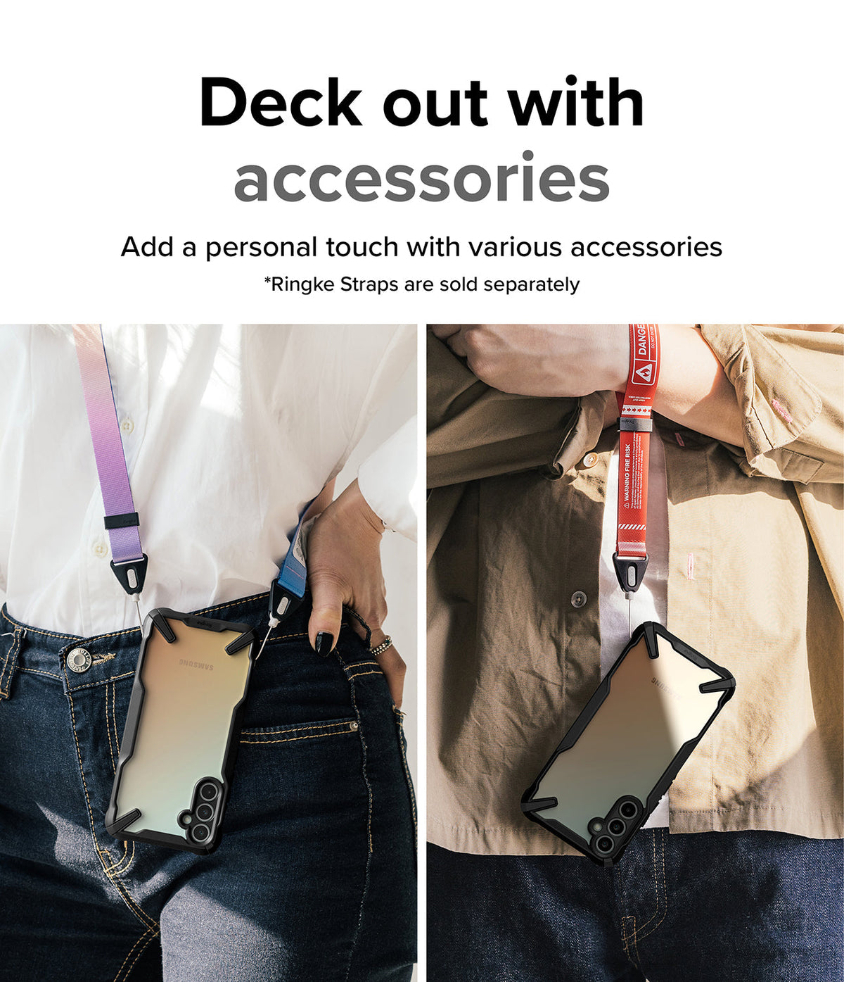 Galaxy A34 Case | Fusion-X - Two people wearing Galaxy A34 phones in Fusion-X cases with colorful neck and wrist straps.