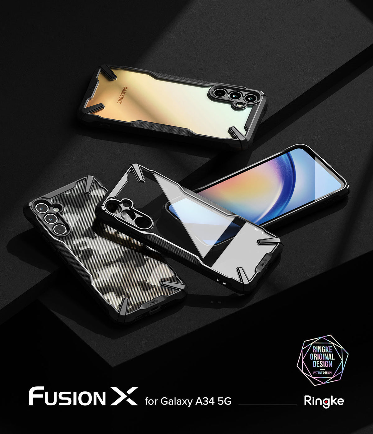 Galaxy A34 Case | Fusion-X - Three Galaxy A34 phones with black Fusion-X cases in clear, camo, and gold on a dark surface.