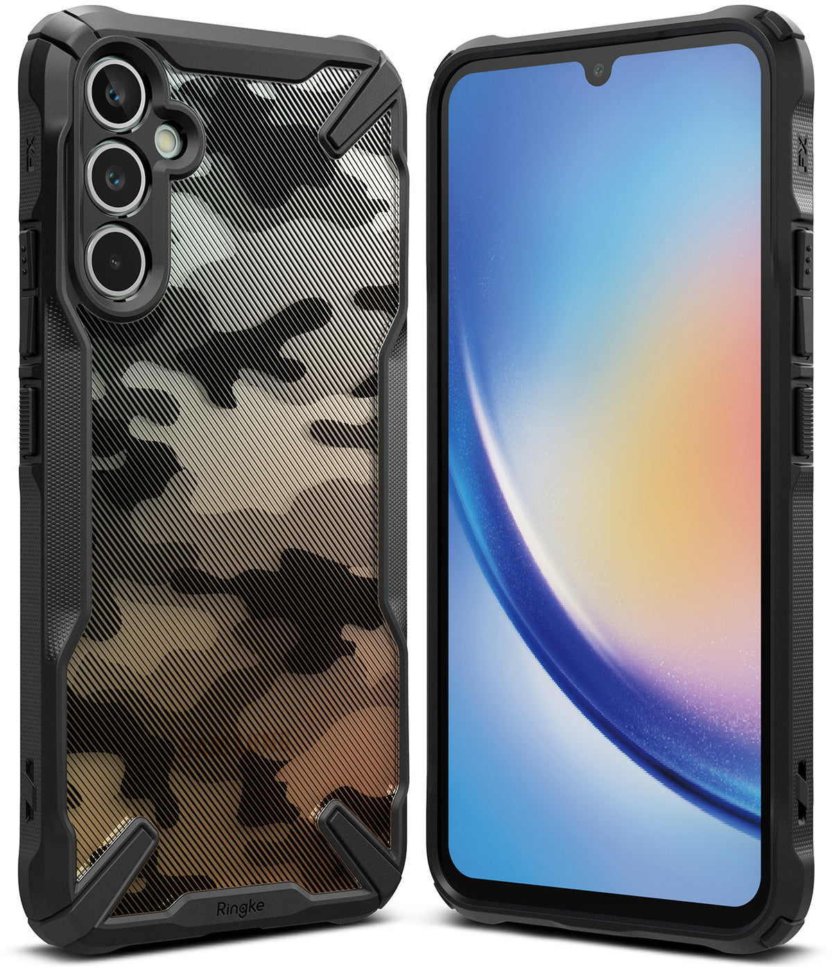 Galaxy A34 Case | Fusion-X - Rugged black phone case with a camouflage back panel shown from front and rear angles.