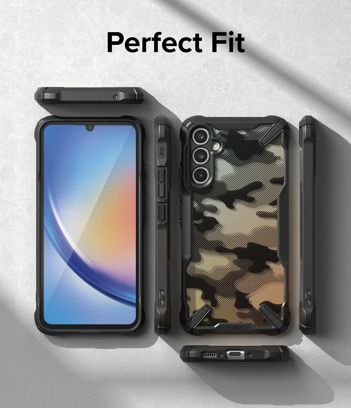 Galaxy A34 Case | Fusion-X - Multiple views of a camo-patterned phone case showing front, back, and side profiles.