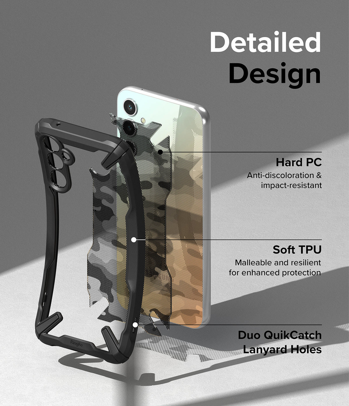 Galaxy A34 Case | Fusion-X - Exploded view of phone case showing hard PC back, soft TPU frame, and lanyard holes.