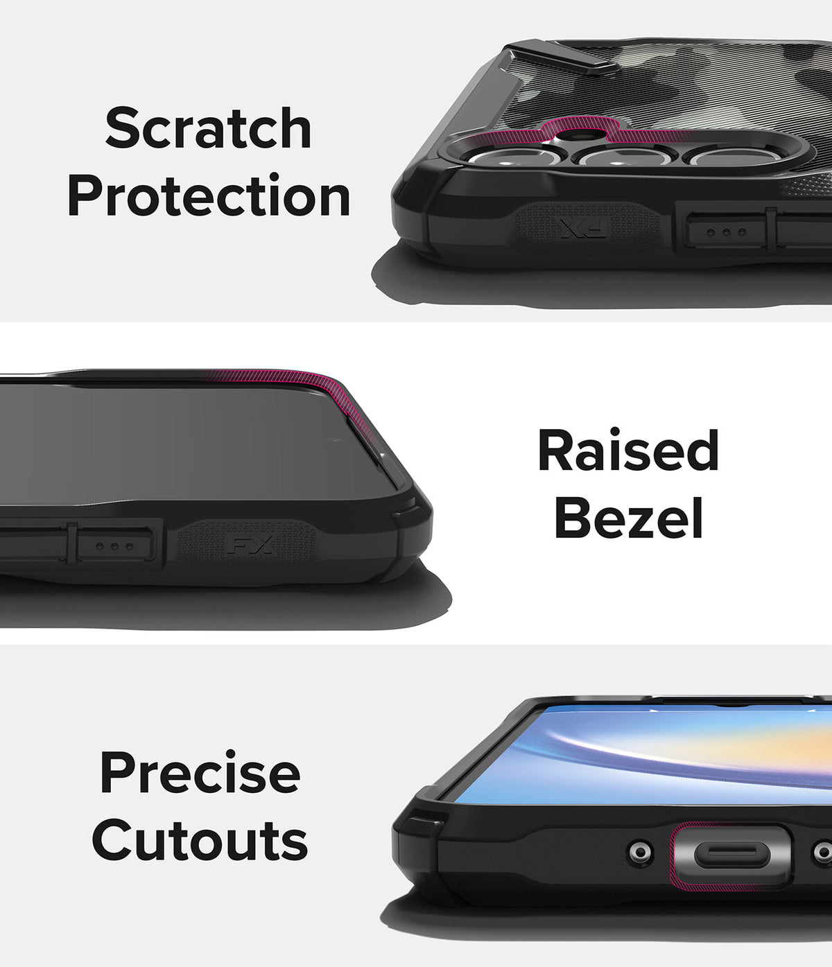 Galaxy A34 Case | Fusion-X - Close-ups highlighting camera scratch protection, raised screen bezels, and precise port cutouts.