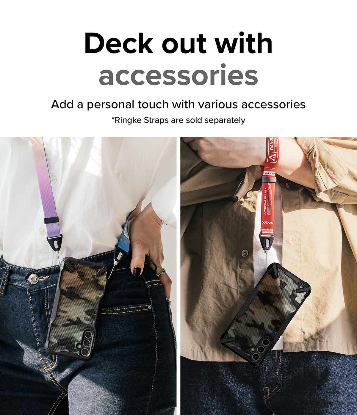 Galaxy A34 Case | Fusion-X - Two people wearing camo phone cases with colorful neck straps attached.