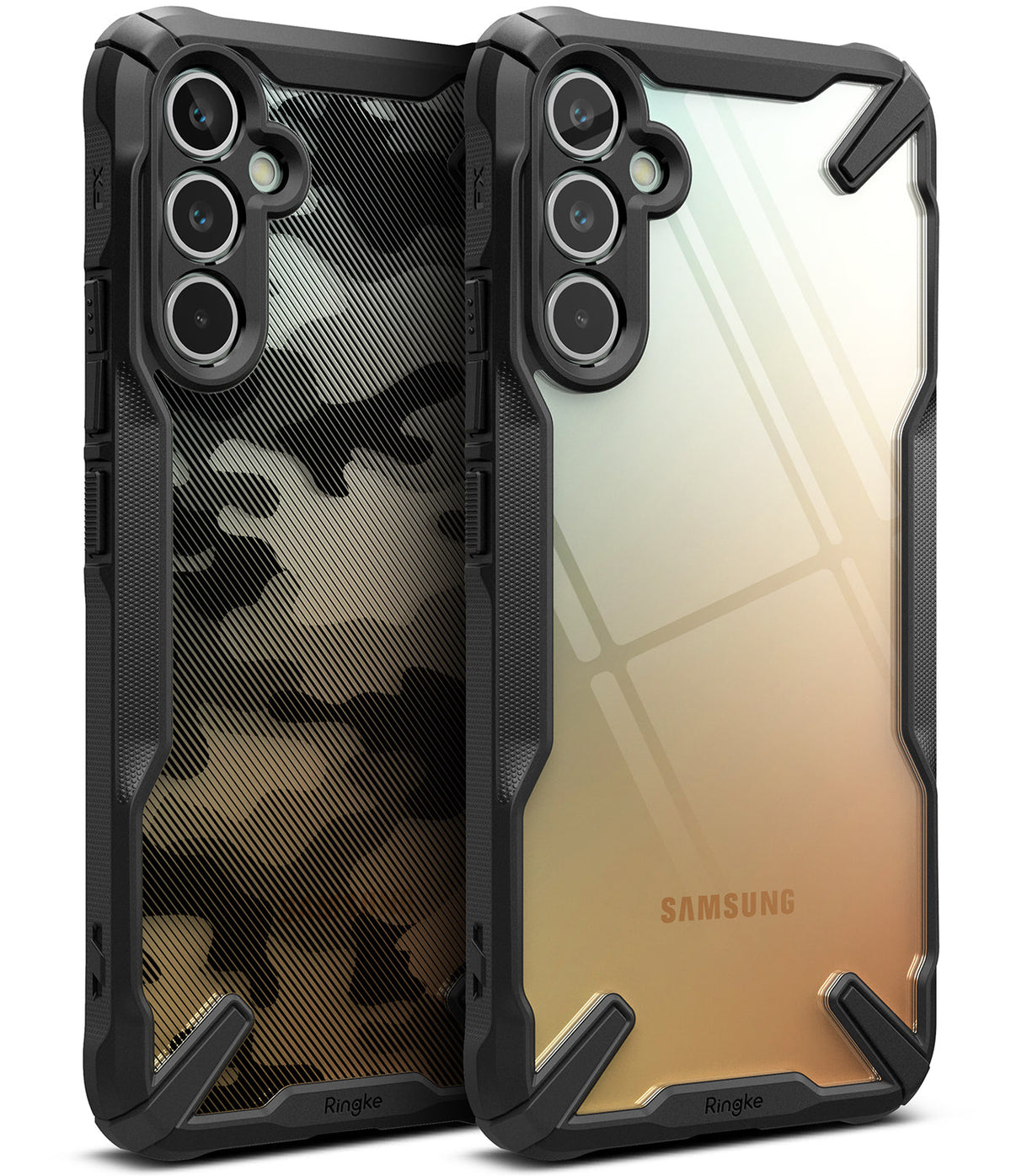 Galaxy A34 Case | Fusion-X - Two rugged black phone cases, one with camo pattern and one clear, showing triple camera cutouts.