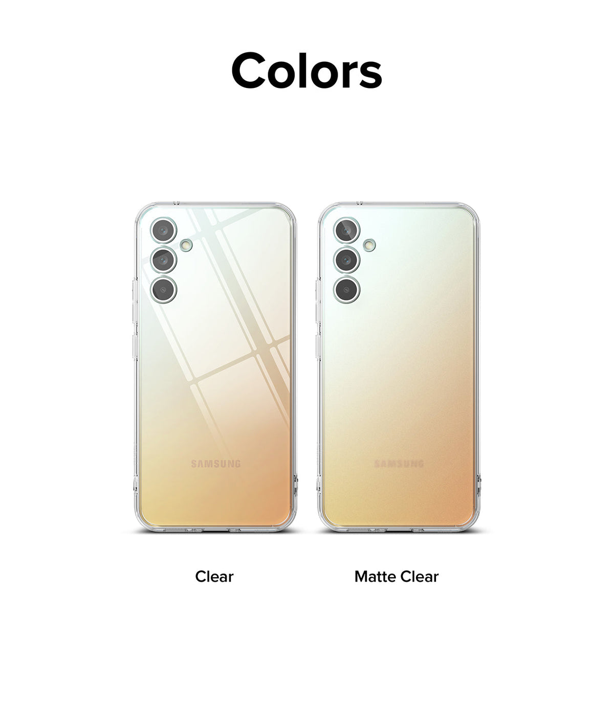 Galaxy A34 Case | Fusion - Two Galaxy A34 phones in clear and matte clear cases showing a gradient back finish.