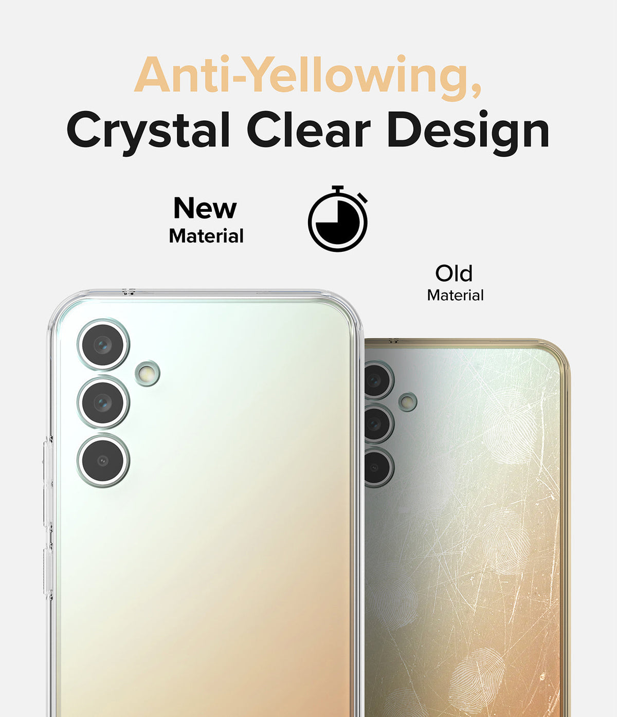 Galaxy A34 Case | Fusion - Comparison of a clear, anti-yellowing phone case versus an old, scratched, and yellowed case.