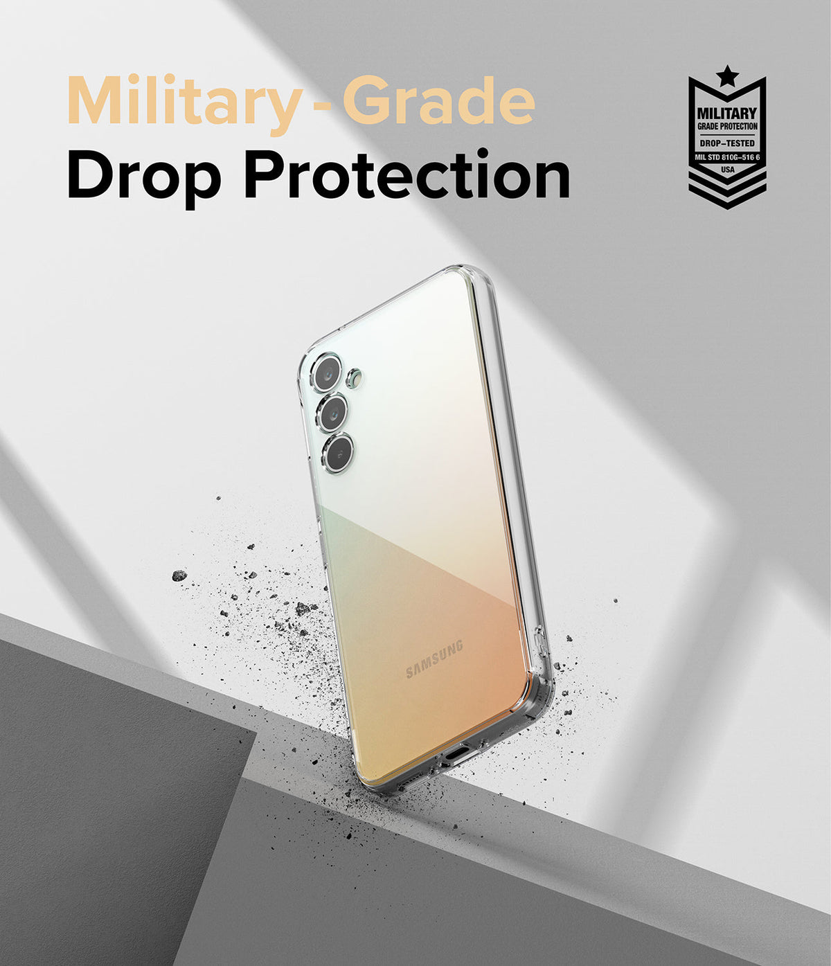Galaxy A34 Case | Fusion - Clear phone case on a Samsung Galaxy A34 with military-grade drop protection text and badge.