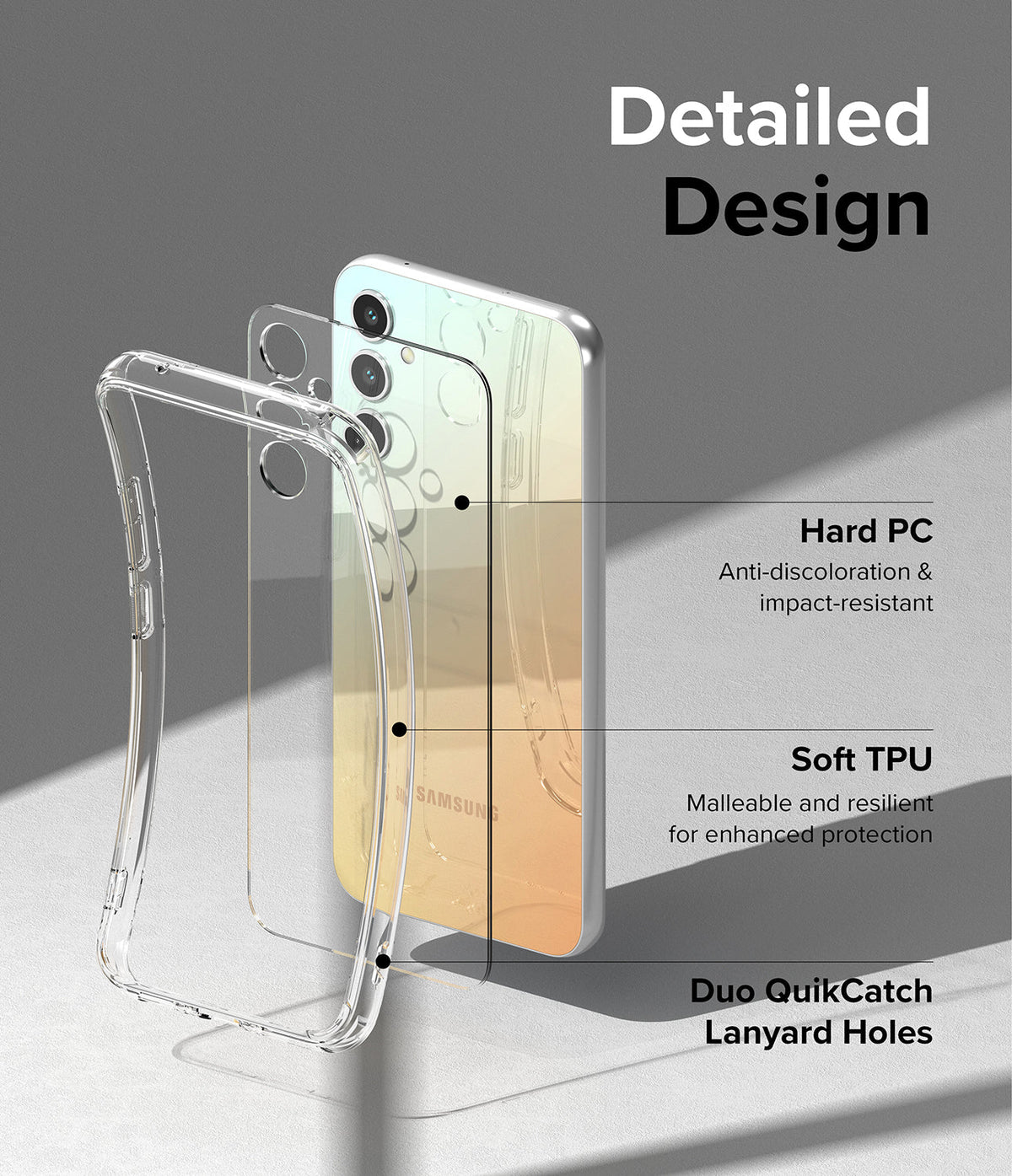 Galaxy A34 Case | Fusion - Clear phone case exploded view showing hard PC back, soft TPU frame, and lanyard holes.