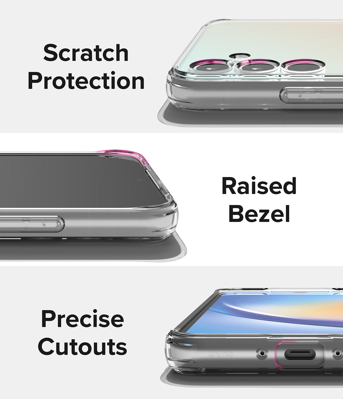 Galaxy A34 Case | Fusion - Three panels showing scratch protection, raised bezels, and precise port cutouts on a clear case.