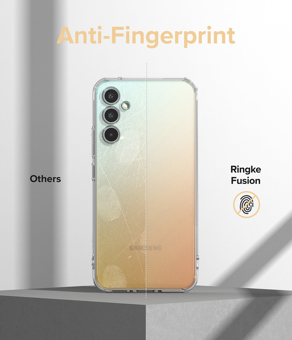 Galaxy A34 Case | Fusion - Comparison showing a smudged phone case on the left versus a clean Ringke Fusion case on the right.