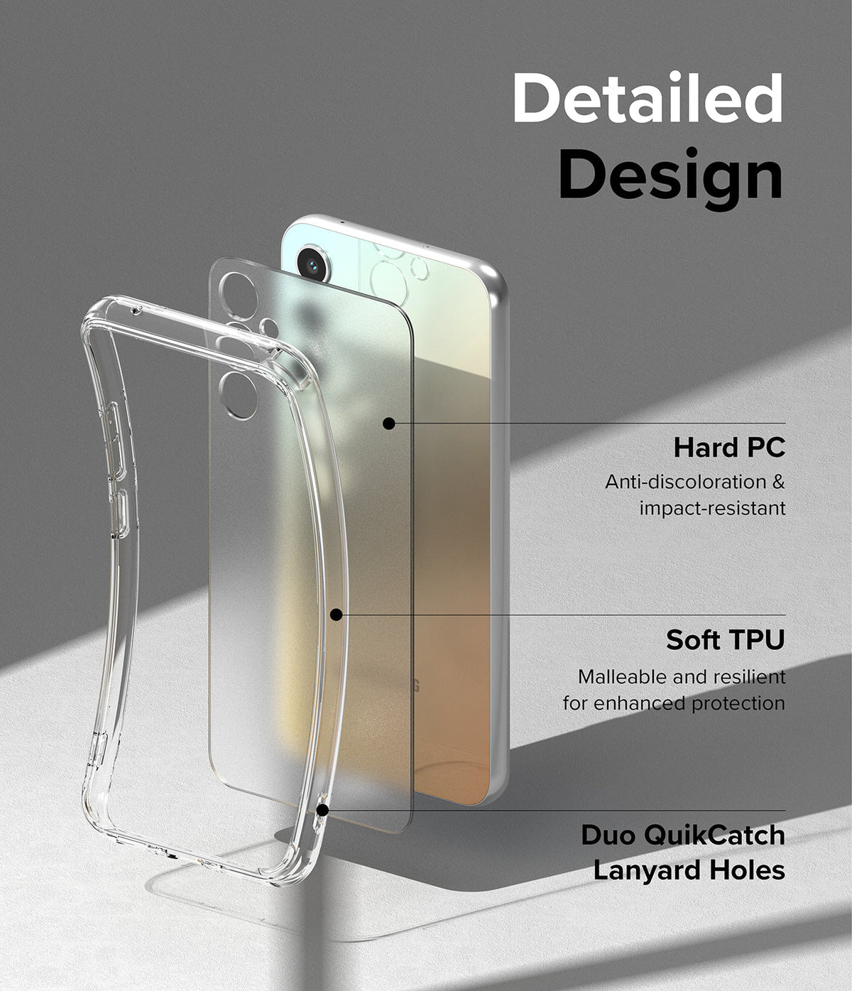 Galaxy A34 Case | Fusion - Exploded view of a clear phone case highlighting hard PC, soft TPU, and lanyard holes.