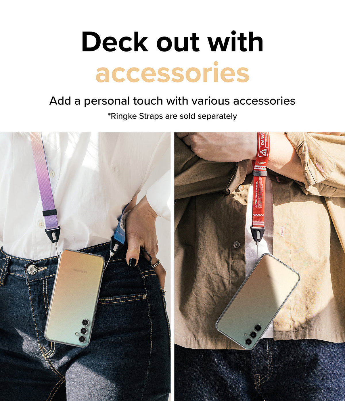 Galaxy A34 Case | Fusion - Two people wearing Galaxy A34 phones on colorful neck and wrist straps as accessories.
