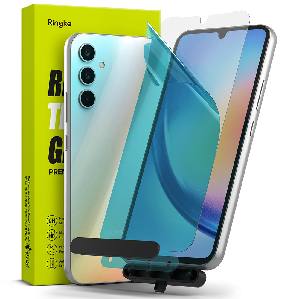 Galaxy A34 5G Screen Protector | Full Cover Glass - Galaxy A34 5G Screen Protector - Glass screen protector being applied to a smartphone with a yellow product box behind.