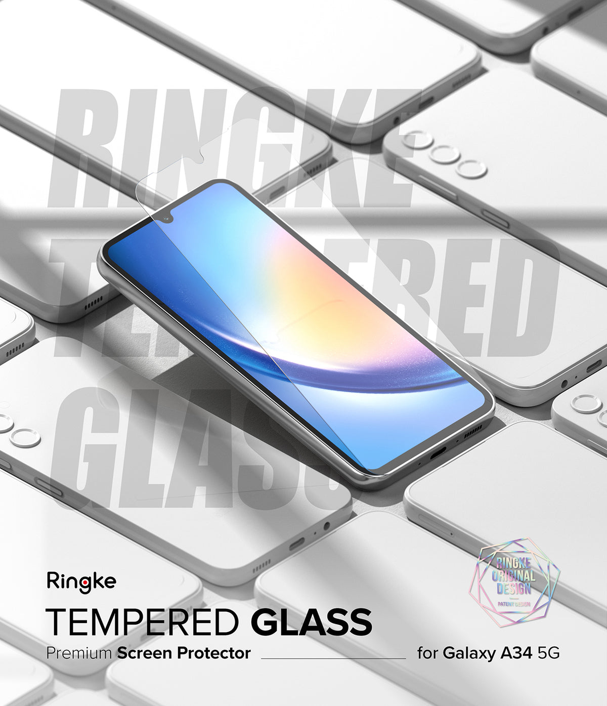 Galaxy A34 5G Screen Protector | Full Cover Glass - Galaxy A34 5G Screen Protector - Tempered glass screen protector hovering over a Galaxy A34 5G phone on a white background.