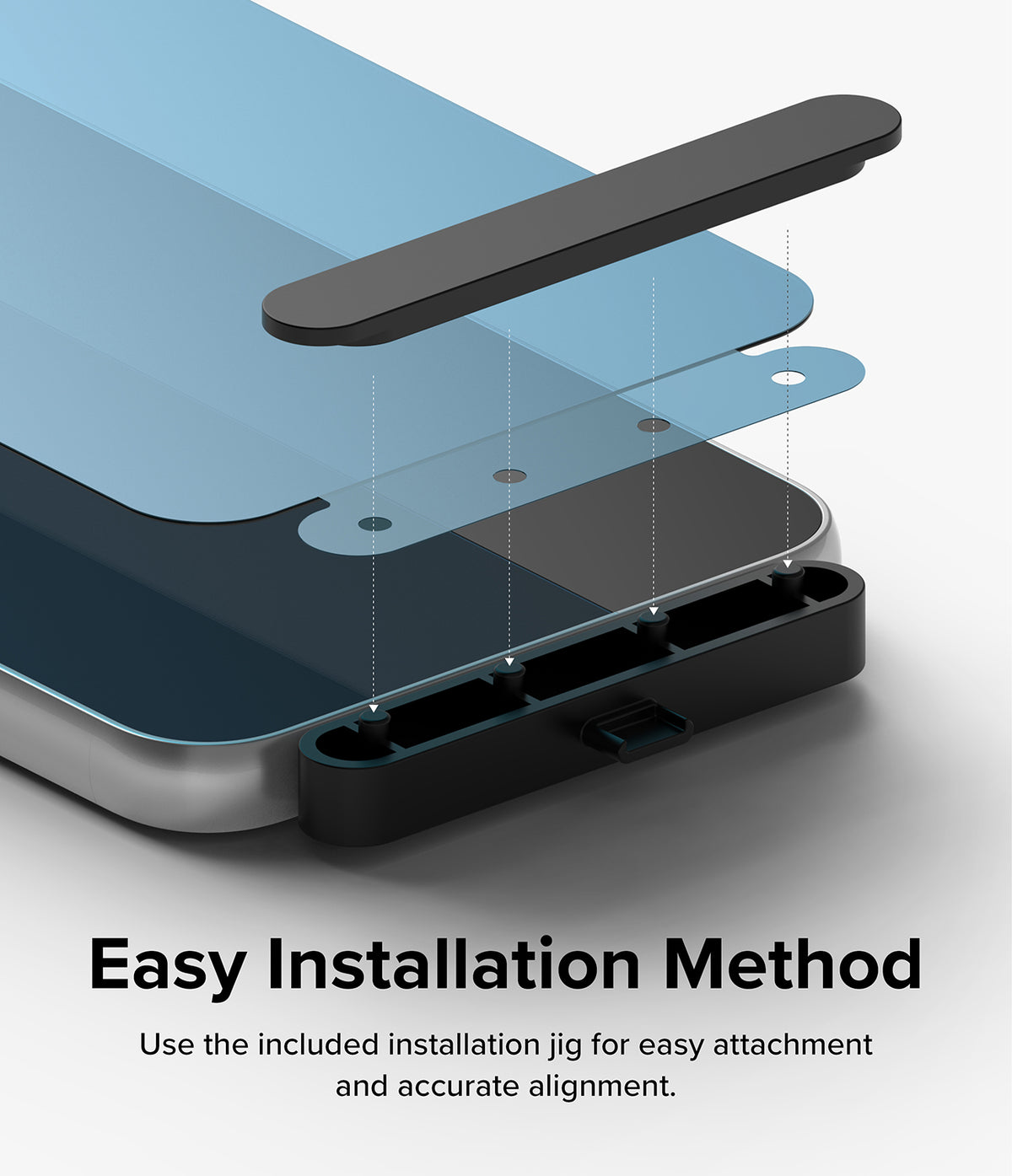 Galaxy A34 5G Screen Protector | Full Cover Glass - Galaxy A34 5G Screen Protector - Exploded view showing a screen protector being aligned onto a phone using an installation jig.