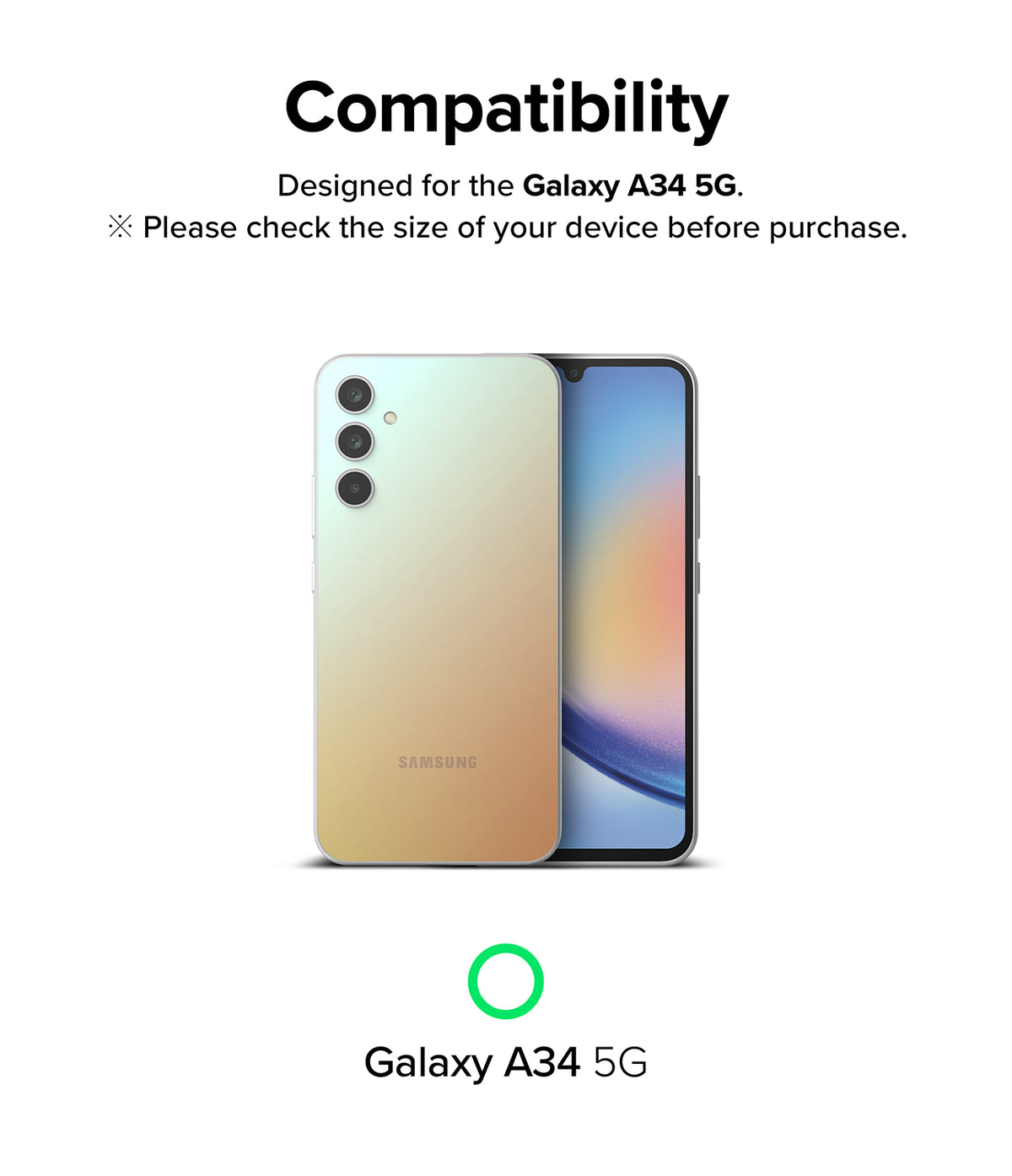 Galaxy A34 5G Screen Protector | Full Cover Glass - Galaxy A34 5G Screen Protector - Compatibility graphic showing a Samsung Galaxy A34 5G smartphone with a gradient back.