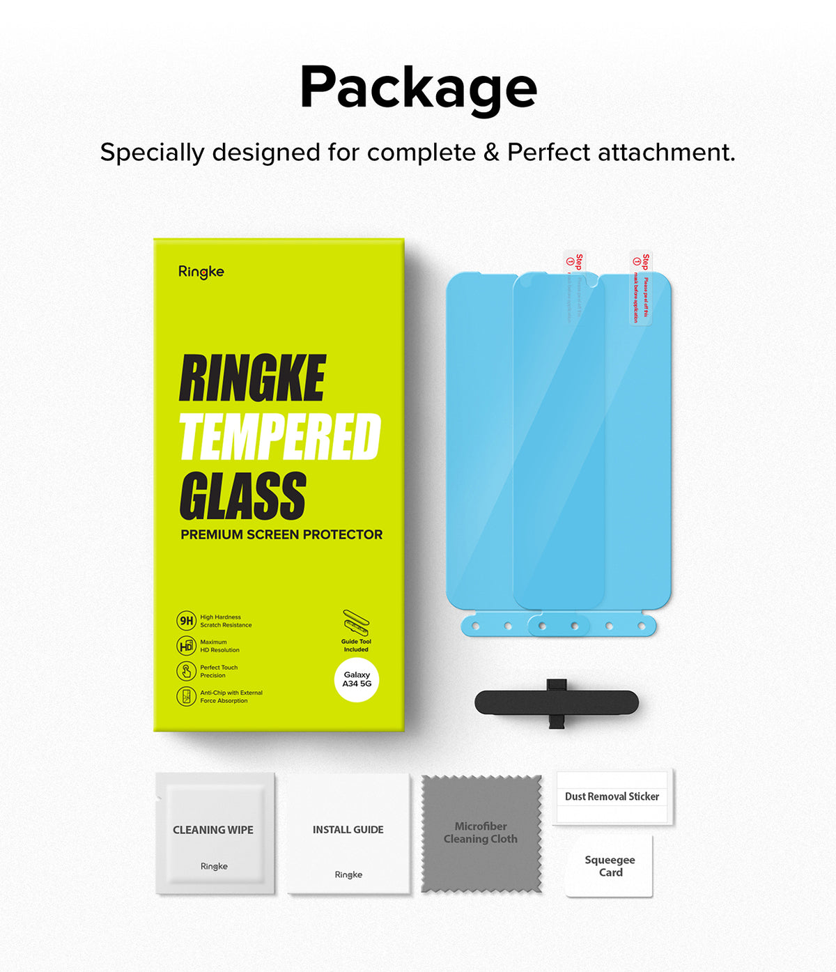 Galaxy A34 5G Screen Protector | Full Cover Glass - Galaxy A34 5G Screen Protector - Ringke tempered glass box, two screen protectors, installation tool, and cleaning kit.