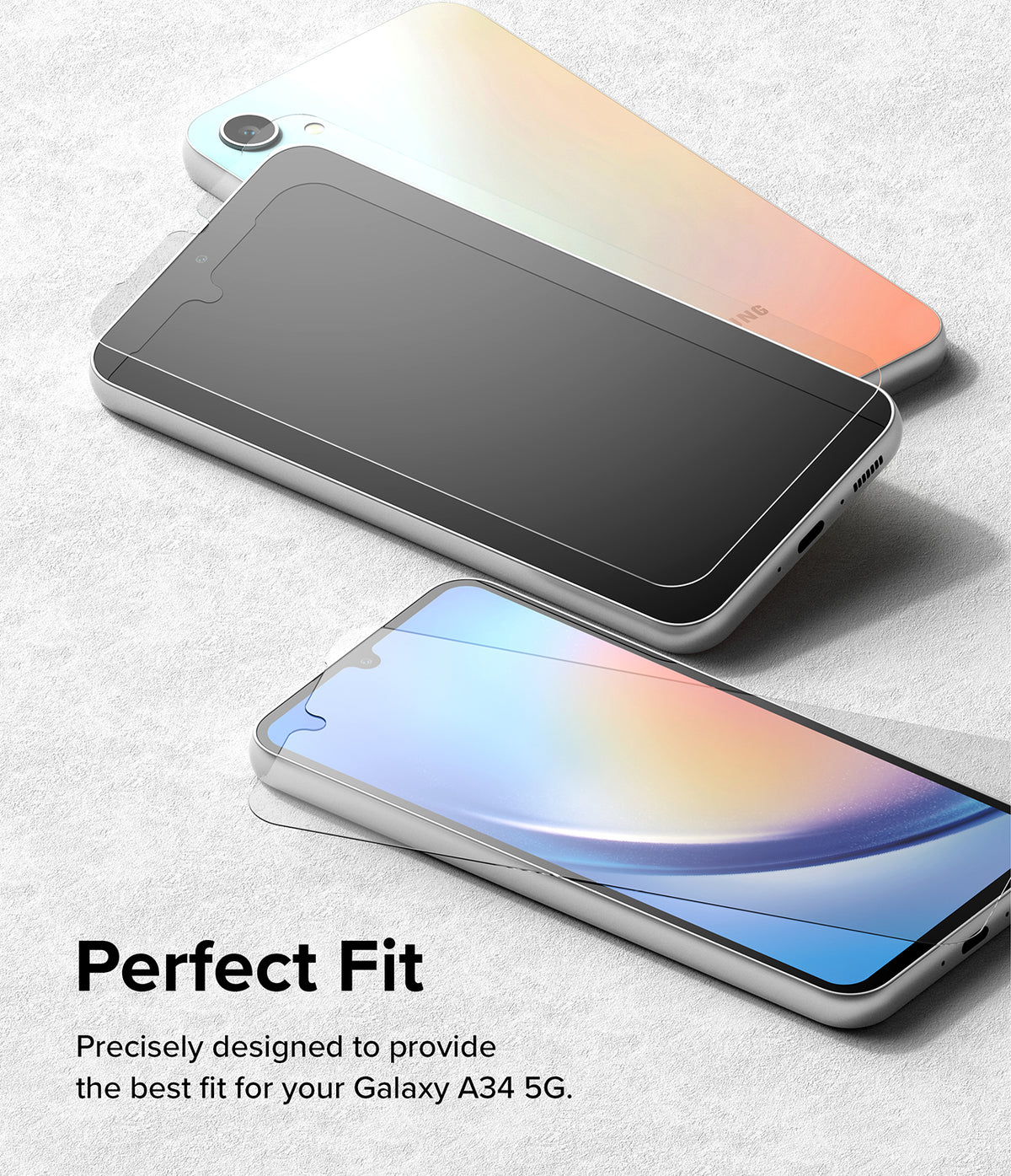 Galaxy A34 5G Screen Protector | Full Cover Glass - Galaxy A34 5G Screen Protector - Two Galaxy A34 5G phones with glass screen protectors being applied to their displays.