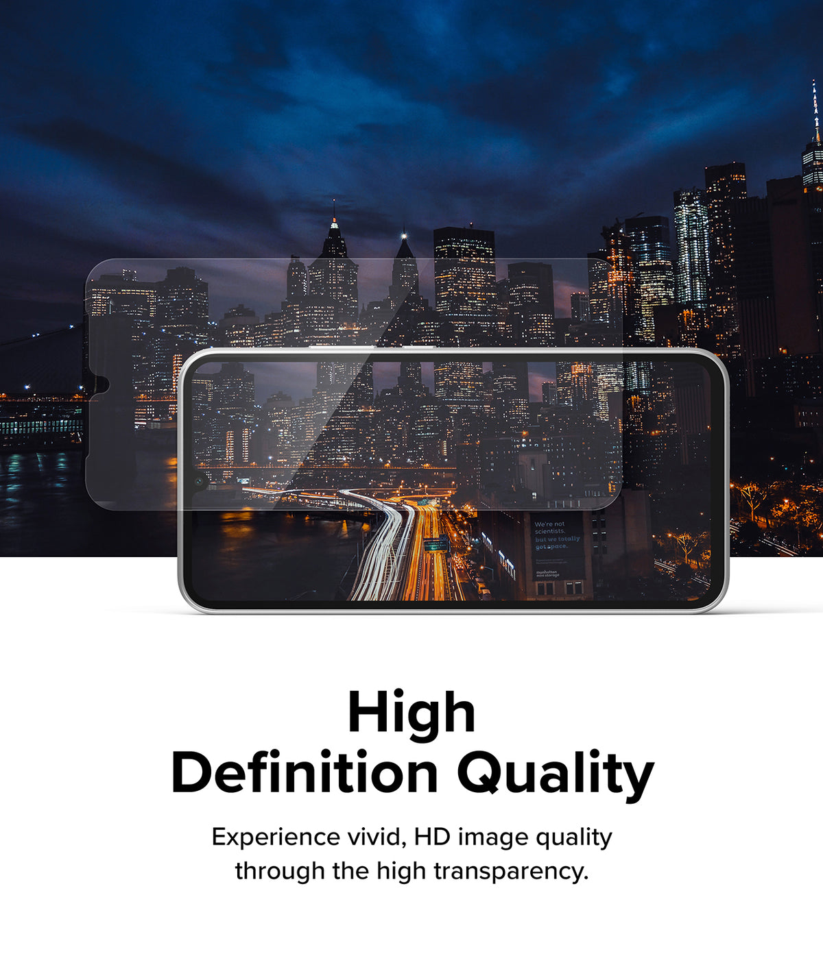 Galaxy A34 5G Screen Protector | Full Cover Glass - Galaxy A34 5G Screen Protector - Transparent glass protector hovering over a smartphone displaying a night city skyline.