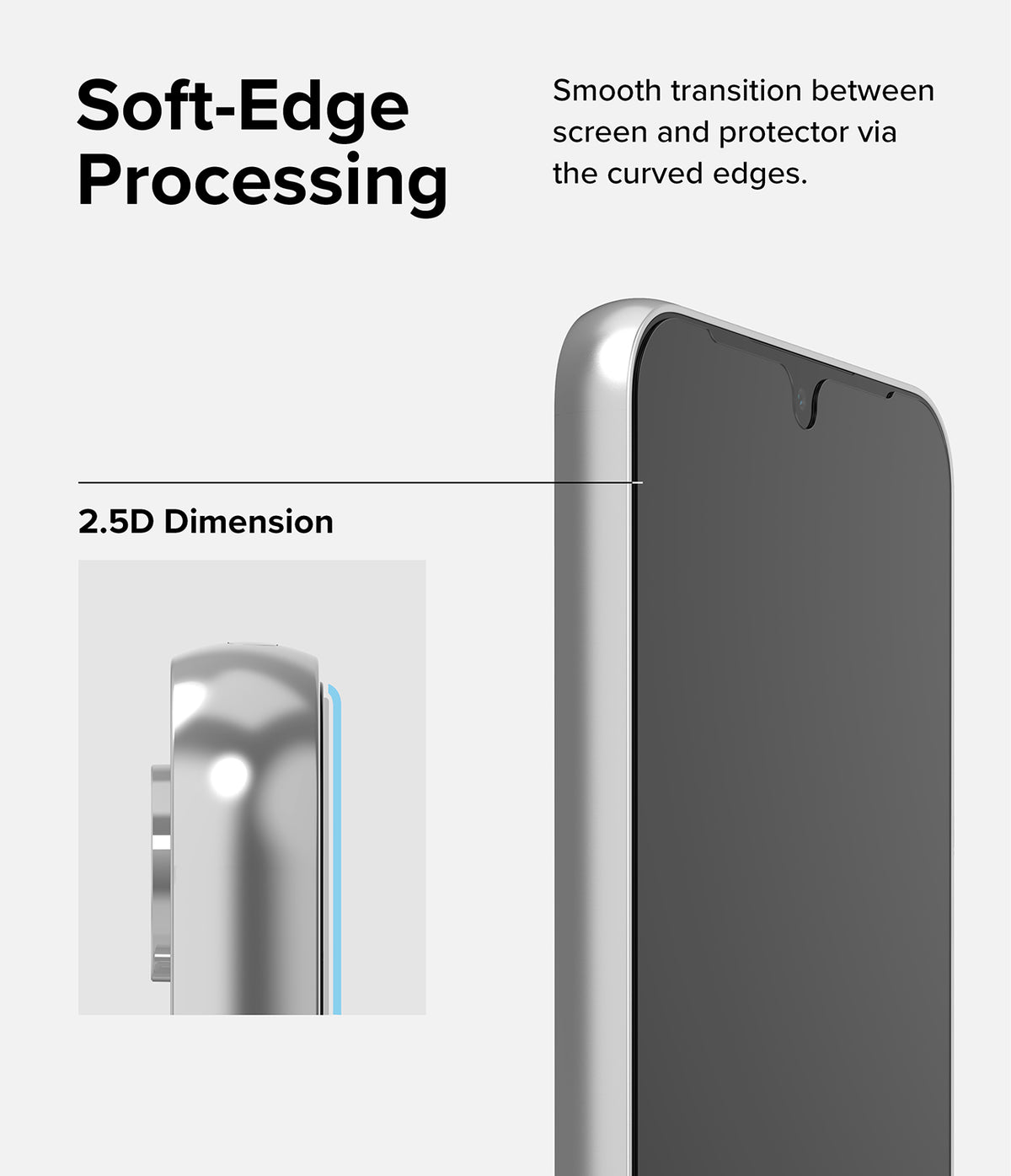 Galaxy A34 5G Screen Protector | Full Cover Glass - Galaxy A34 5G Screen Protector - Close-up of a smartphone with a 2.5D curved-edge glass screen protector.