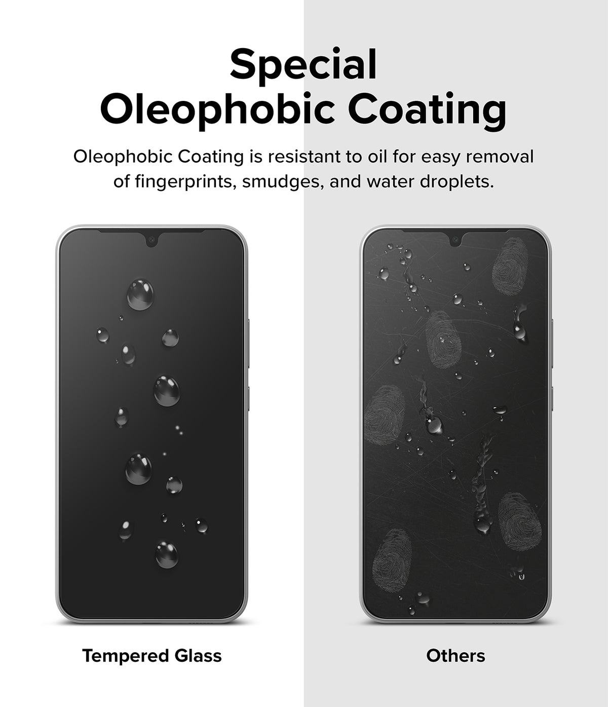Galaxy A34 5G Screen Protector | Full Cover Glass - Galaxy A34 5G Screen Protector - Comparison showing water droplets beading on tempered glass versus smudges on standard glass.