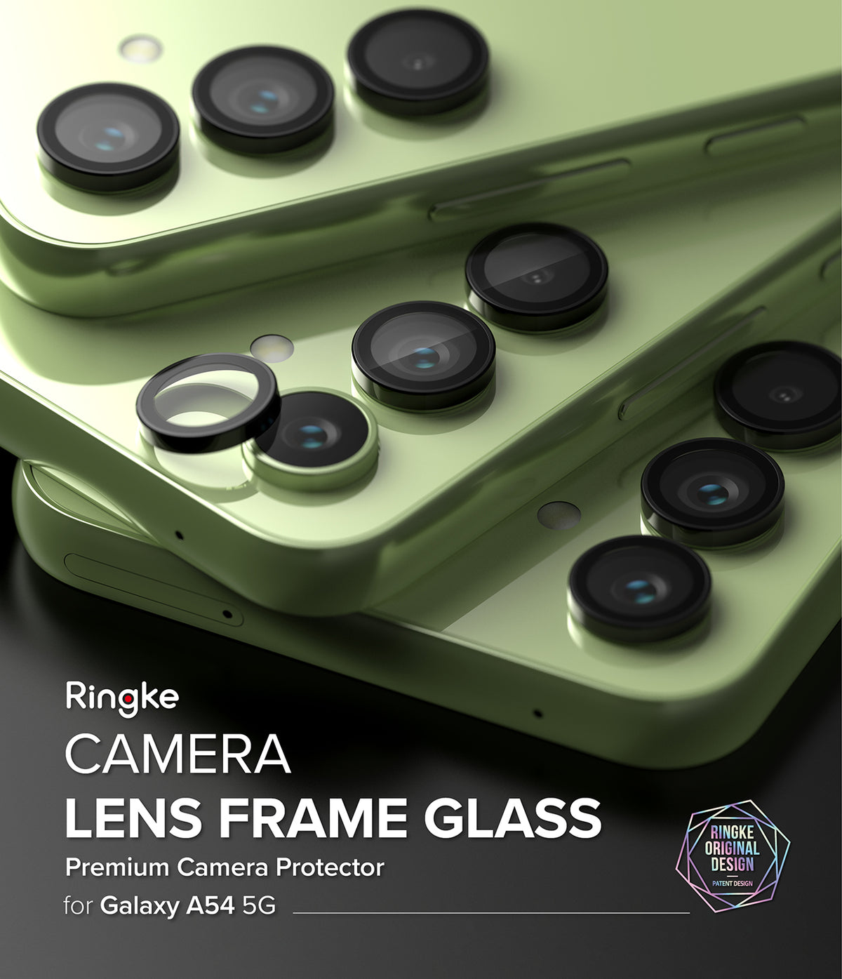 Galaxy A54 5G Camera Lens Protector | Camera Lens Frame Glass - Galaxy A54 5G Camera Lens Protector - Black lens frame glass being applied to the camera lenses of a light green phone.