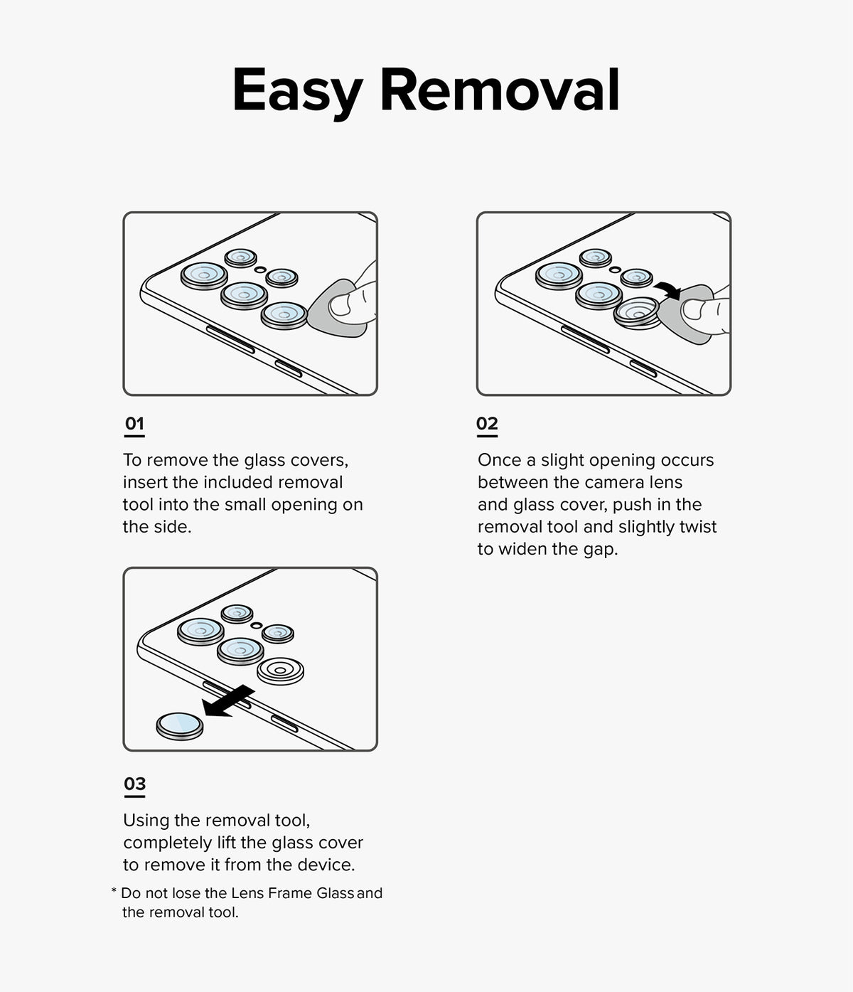 Galaxy A54 5G Camera Lens Protector | Camera Lens Frame Glass - Galaxy A54 5G Camera Lens Protector - Three-step instructional diagram showing how to remove lens covers using a tool.