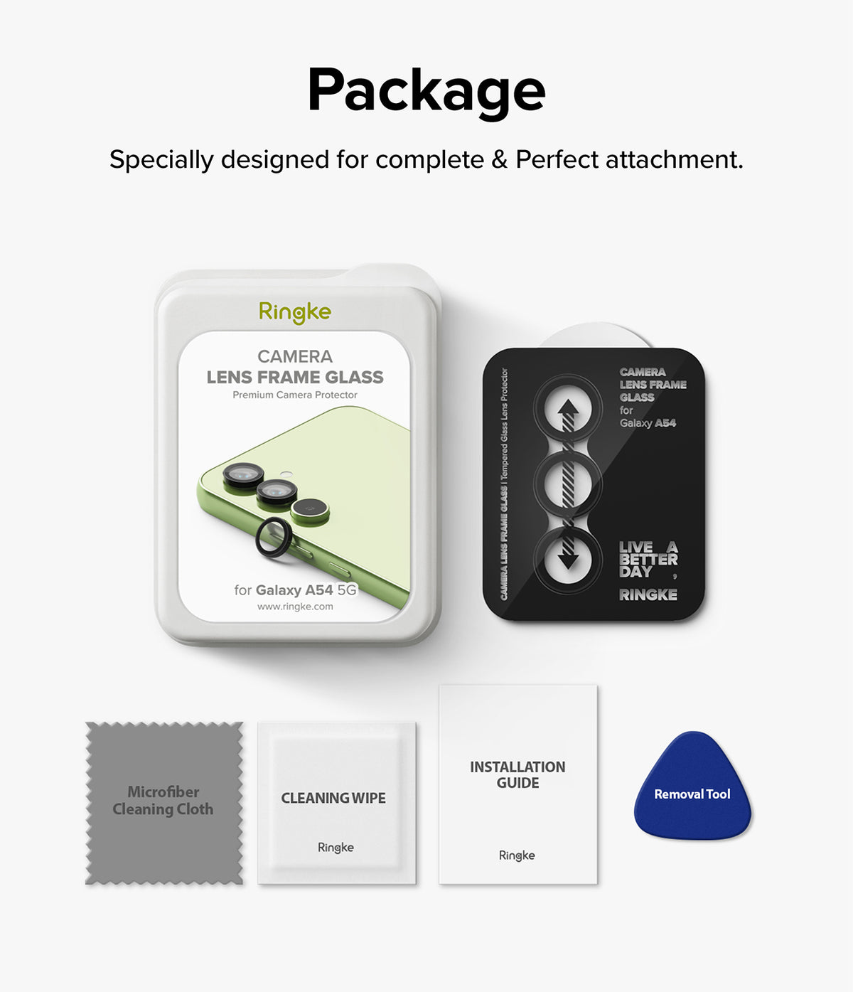 Galaxy A54 5G Camera Lens Protector | Camera Lens Frame Glass - Galaxy A54 5G Camera Lens Protector - Packaging contents including lens protectors, cleaning cloth, wipes, and tool.